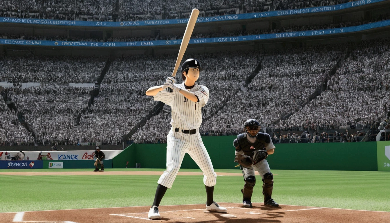 score 7 up, 2koma, 1boy, Shohei Otani is pitching, Shohei Ohtani is hitting home runs, batting stance, detailed, realistic, hyper realistic, photorealistic, best quality, 