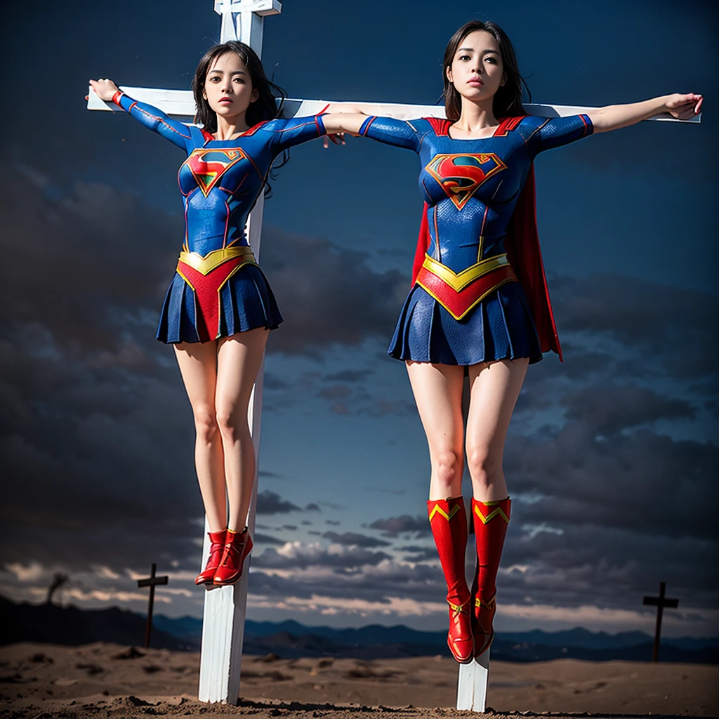 (((supergirl))), (((crucifixion pose,nailed to cross))), (full body shot:2), dynamic angle,  ((huge breasts)),  natural lighting, ultra sharp focus, pubic hair,(((1girl))), glaring