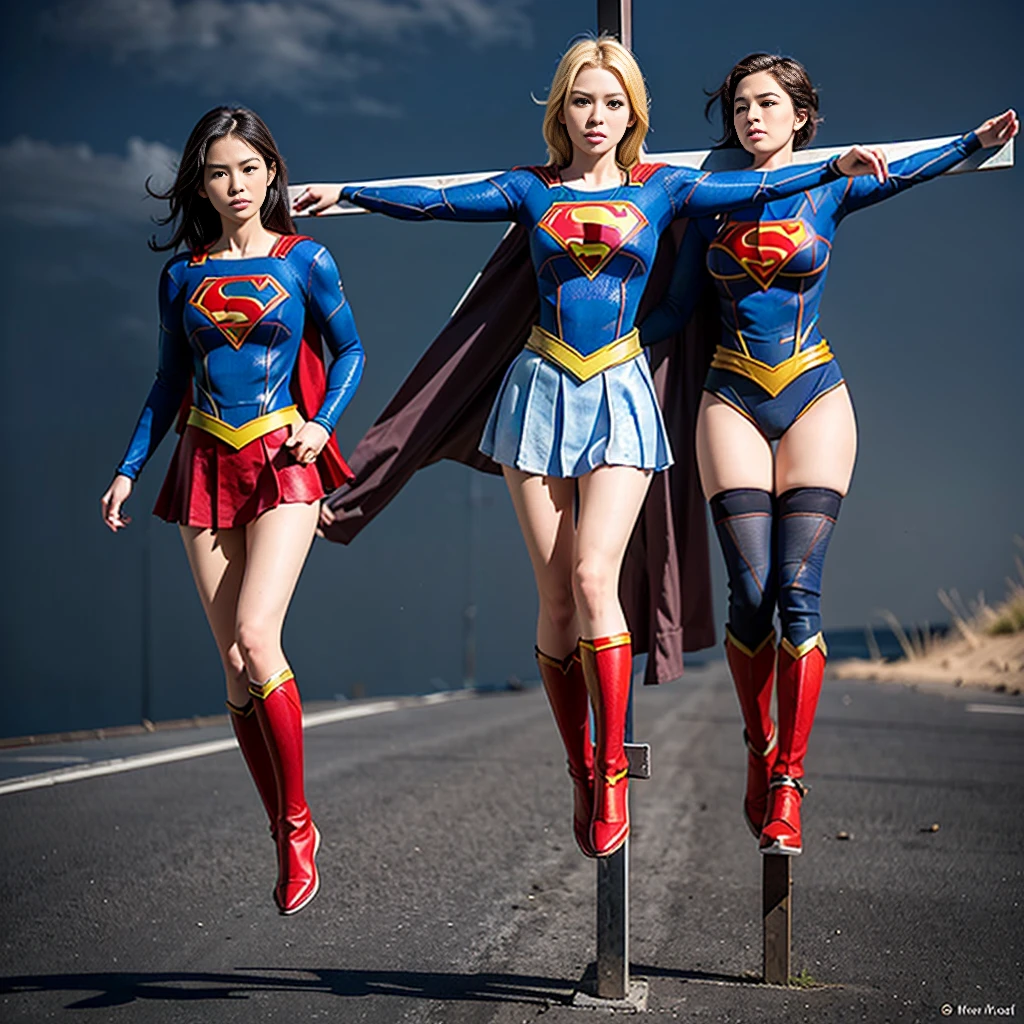 (((supergirl))), (((crucifixion pose,nailed to cross))), (full body shot:2), dynamic angle,  ((huge breasts)),  natural lighting, ultra sharp focus, pubic hair,(((1girl))), glaring