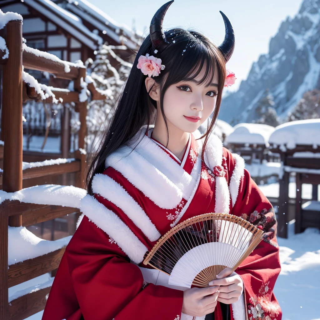 Demon woman with snow in the background wearing a kimono holding a fan with horns
