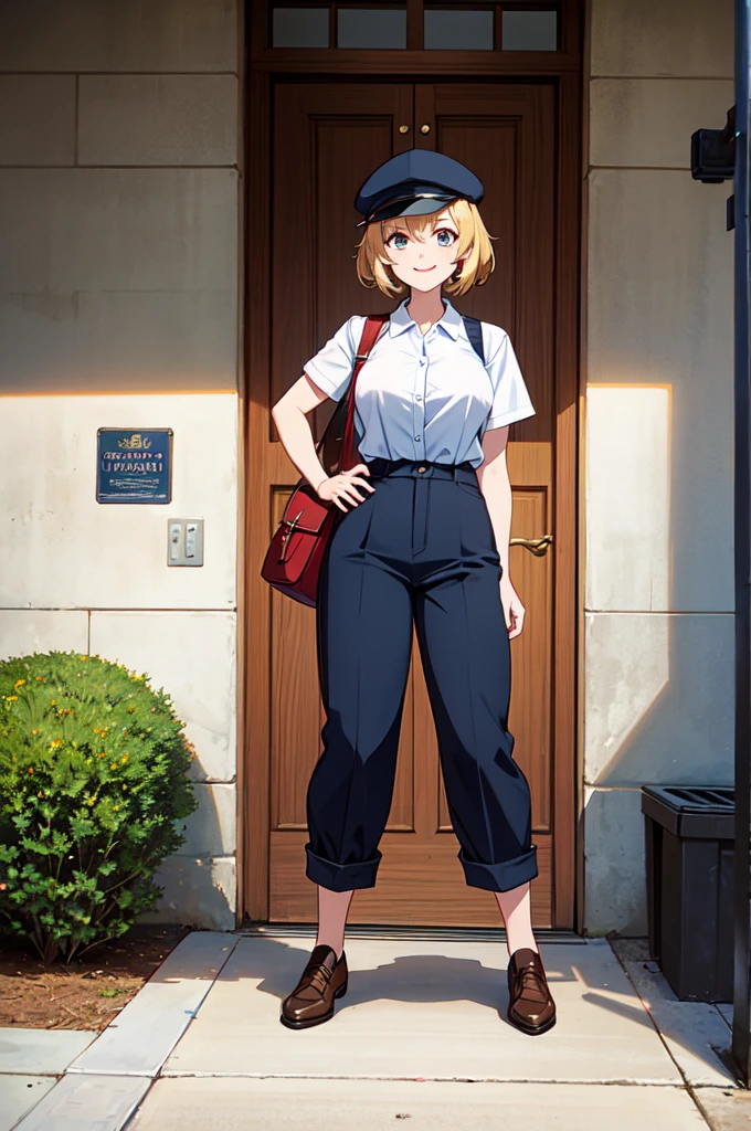 masterpiece, 32k, extremely detailed, finely detail, intricate details,
BREAK
(absurdres:1.1, highres:1.1, ultra detailed:1.1),
insanely detailed, absurdres,
(high resolution:1.1, ray tracing:1.1, refraction:1.1)
(1 female, solo:1.3), smile,
BREAK
perfect symmetrical face, postal delivery person, verry large shoulder bag, uniform of a postal delivery person, pants, postman's cap,
BREAK
(((full body))), standing,
BREAK