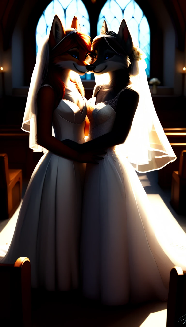 Wedding ceremony, wedding chapel, two women in wedding dresses kissing, two women of different types