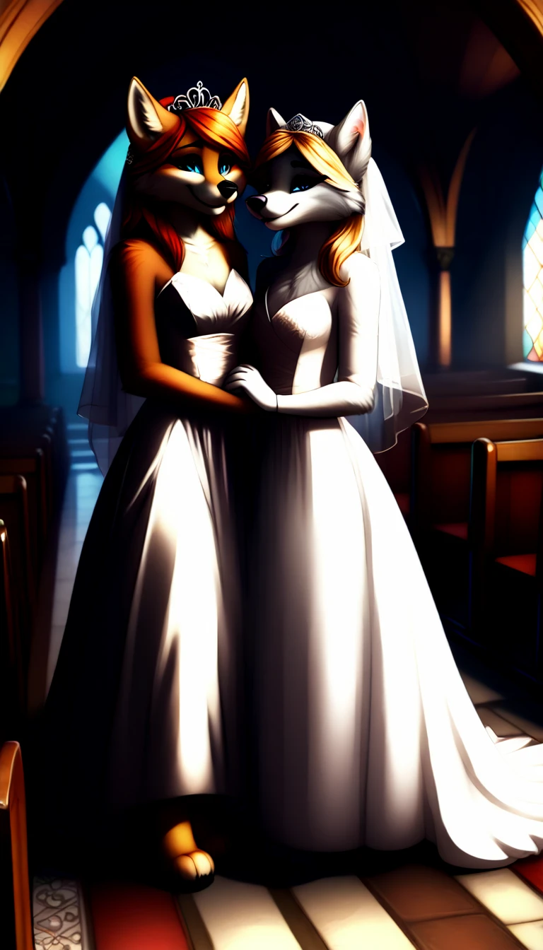 furry foxy tails yiff bride kiss lesbian & lesbian women & women & wedding dress wedding dress wedding dress veil tiara chapel,