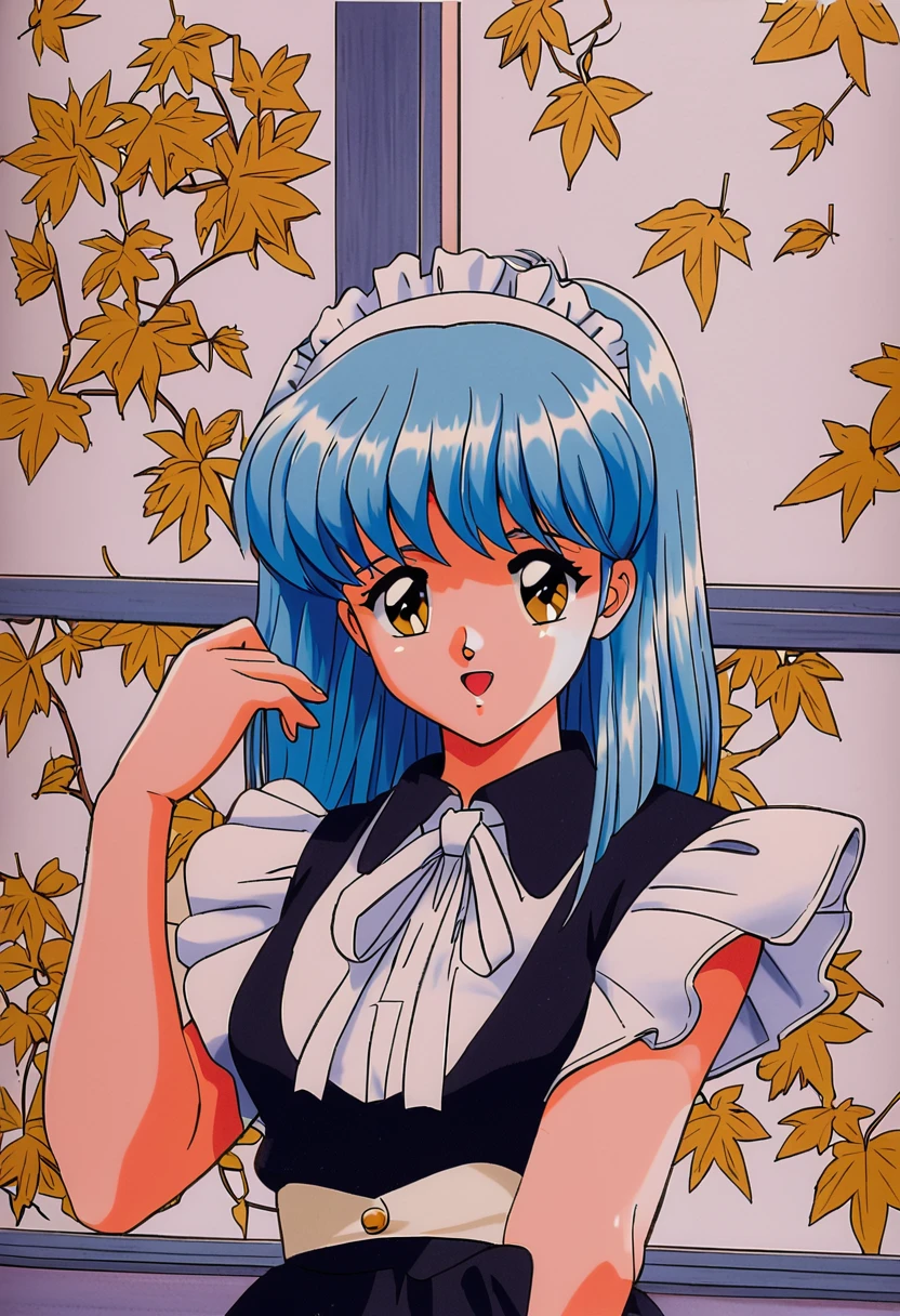 Kokura Masashi Style,
Fujisaki Shiori,One girl,retro artstyle,alone,1990s (style),Outdoor,Light blue hair,Open your mouth,Yellow Eyes,window,leaf,Upper Body,Maid clothes,View your viewers,Traditional Media,Bridal ，Hair to shoulders，Big Tits，