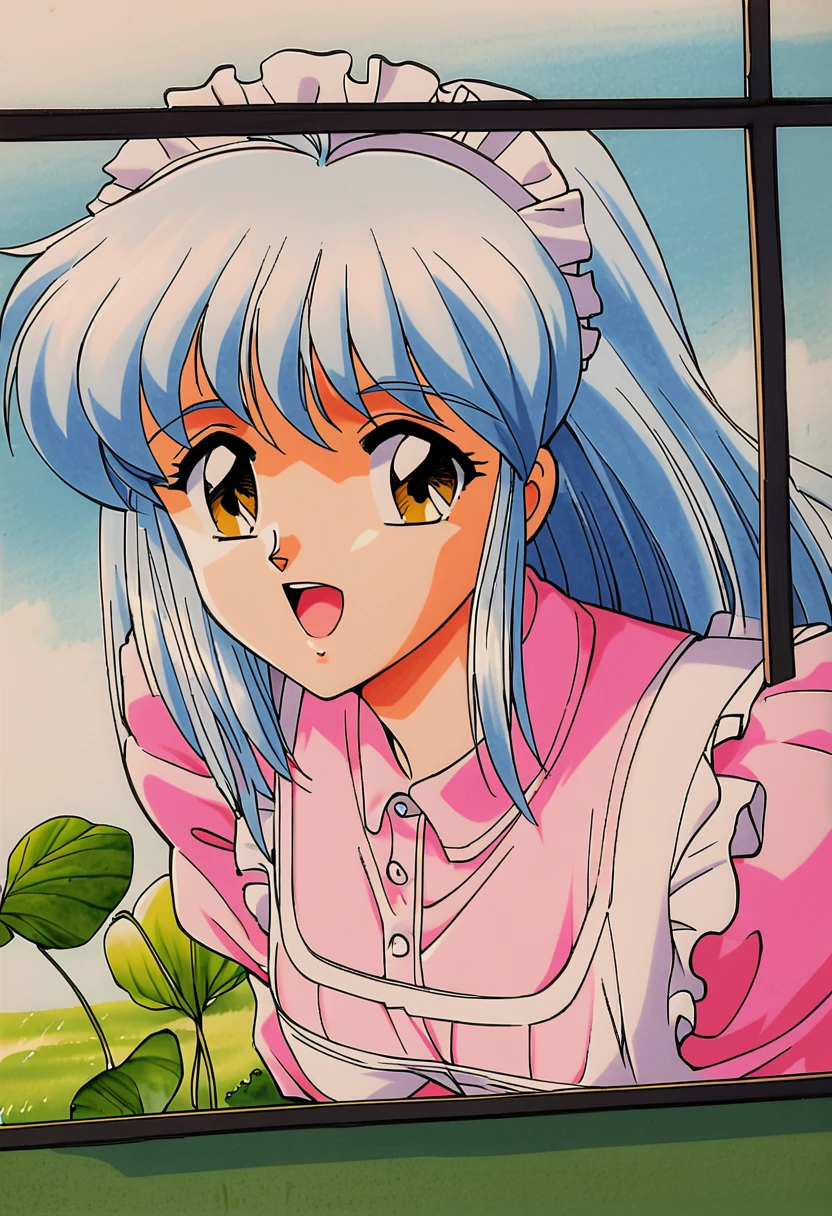 Kokura Masashi Style,
Fujisaki Shiori,One girl,retro artstyle,alone,1990s (style),Outdoor,Light blue hair,Open your mouth,Yellow Eyes,window,leaf,Upper Body,Maid clothes,View your viewers,Traditional Media,Bridal ，Hair to shoulders，Big Tits，