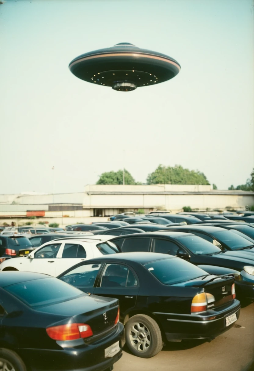 Black UFO parked in the parking lot,Neatly arranged with many cars,Blurred side view Polaroid photo