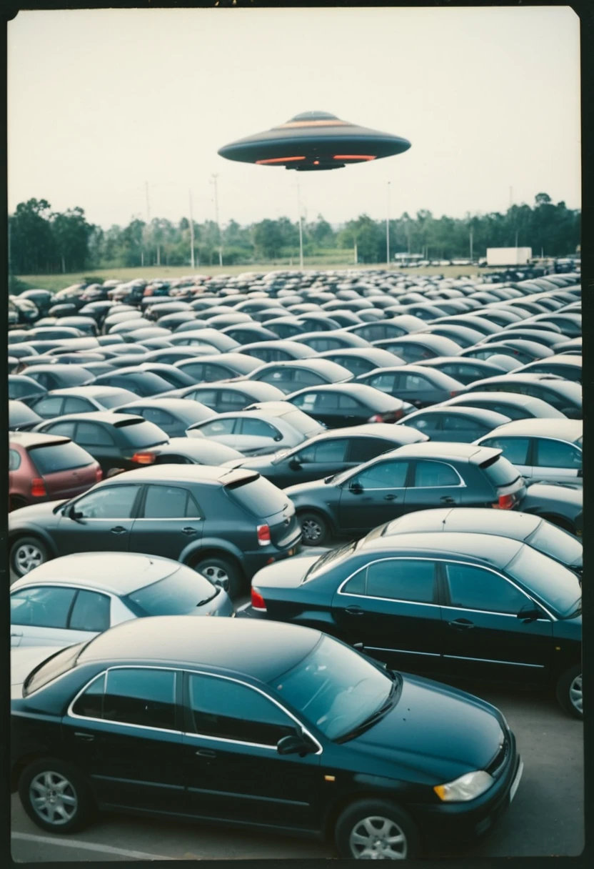 Black UFO parked in the parking lot,Neatly arranged with many cars,Blurred side view Polaroid photo