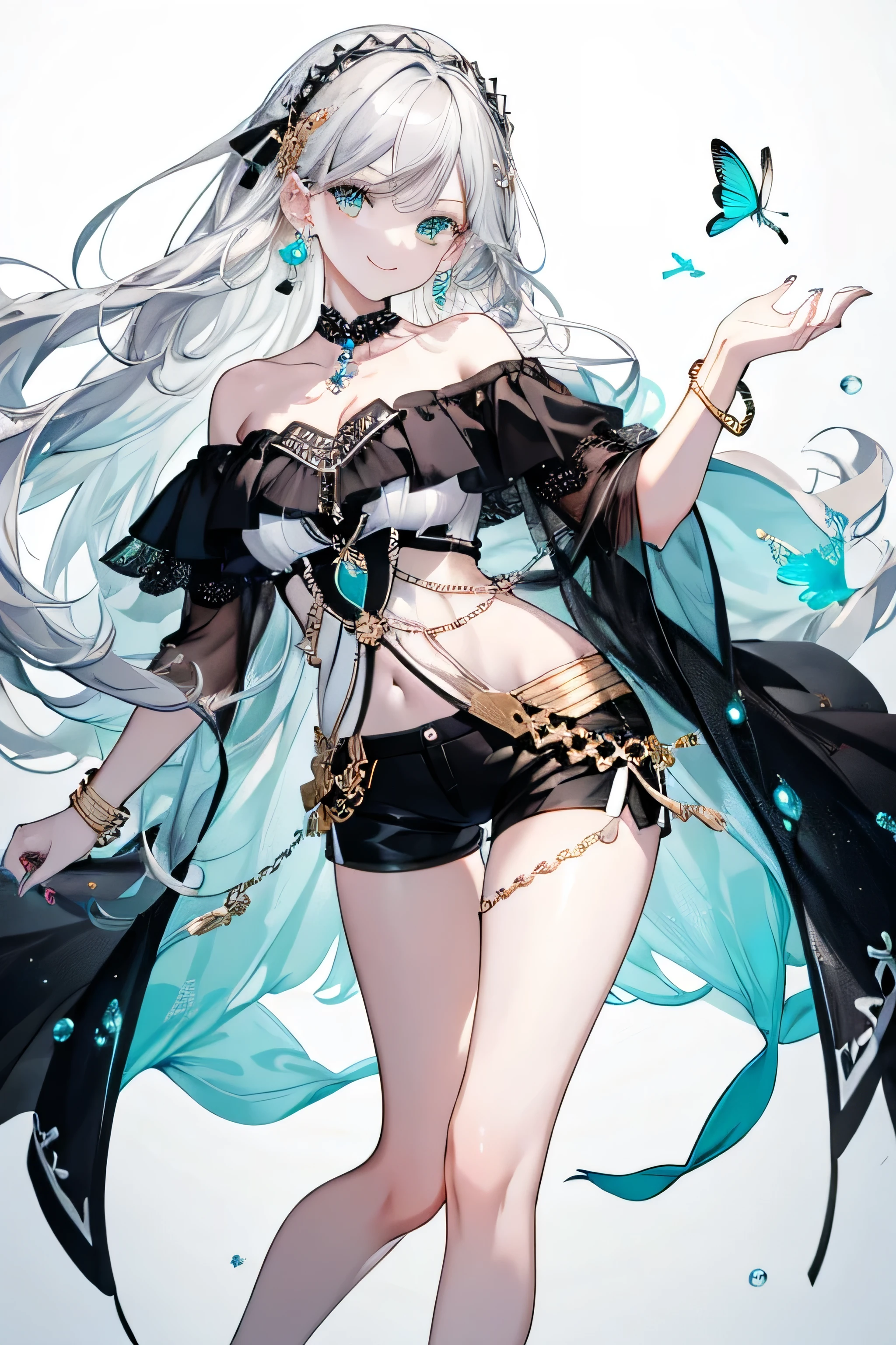 Highest quality、Detailed（Elegant face、Aqua Eye, Earrings, Attractive breasts,whole body, ,Focus on the user, Smile lightly, Bare legs, Flashy Nails, Black and white off-the-shoulder, Black and white shorts, Gray Hair, Gold bracelet, Long Hair,Hair）