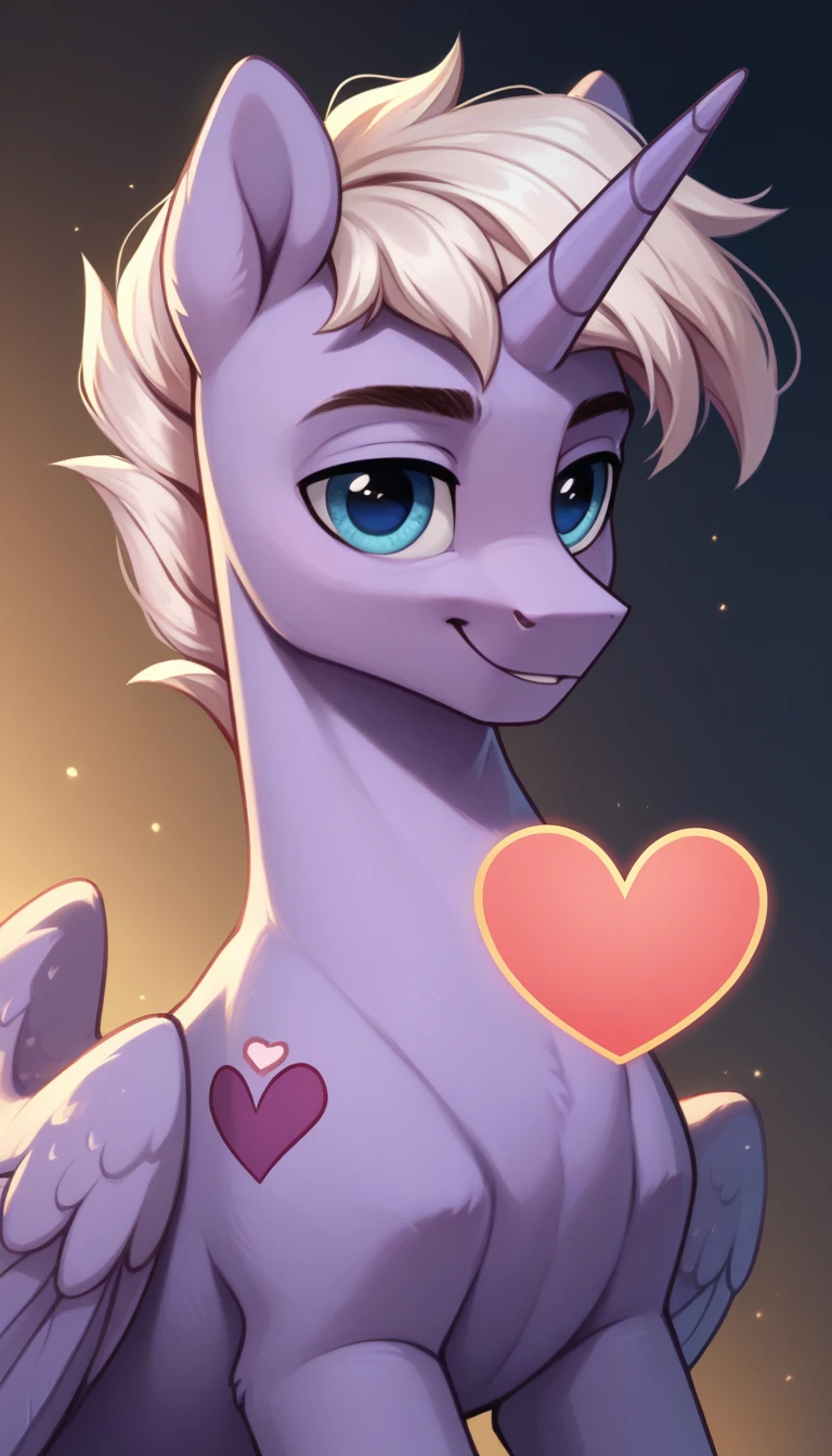 score_9, score_8_up, score_7_up, MLP, purple fur, pink and white hair, light blue eyes, warm smile, golden heart cutie mark , only one stallion alicorn pony