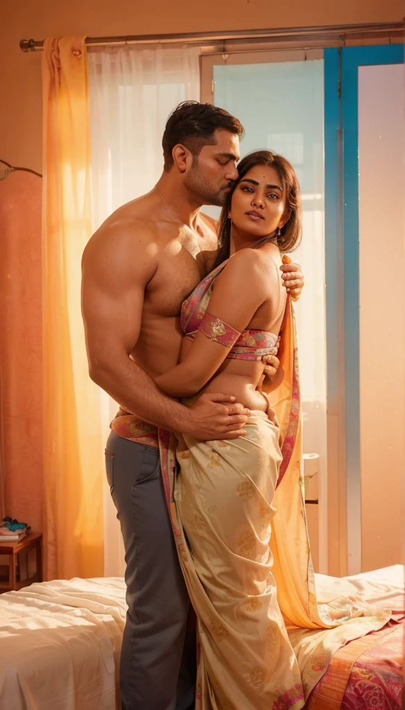 a  50-year-old shirtless man  affectionately hugging and kissing aradiant, full-figured South Indian plus-sized 30 year old teacher wearing a blue silky saree in  dressing room, captured in a full-body image with vibrant hues and meticulous details. Full body image