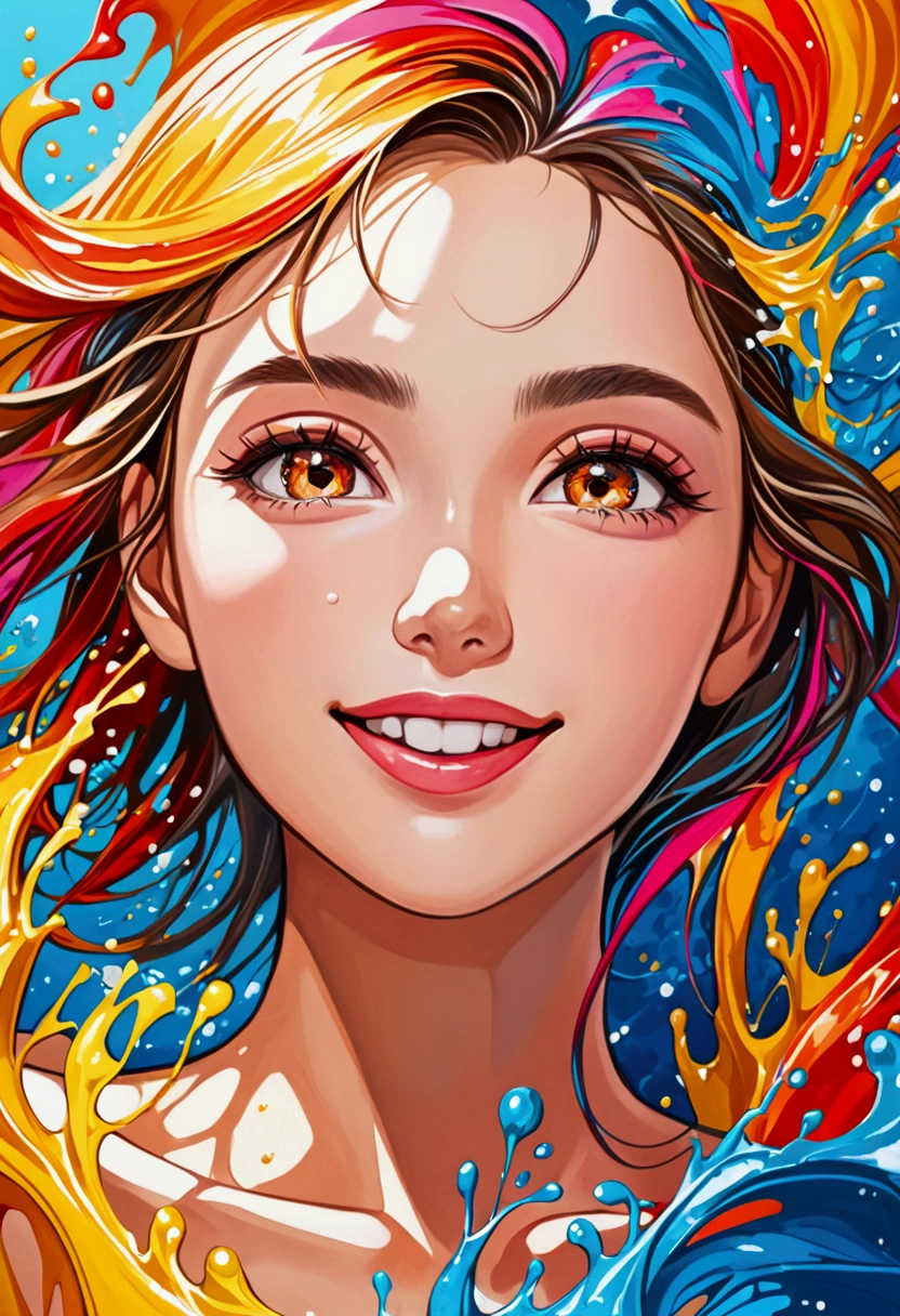 a brush stroke oil painting of beautiful girl with perfect face, smile, vivid color, splashing painting style, perfect mix color, super detailed, best quality wallpaper, 8k, absurdity, expressive realism, perfect lightness