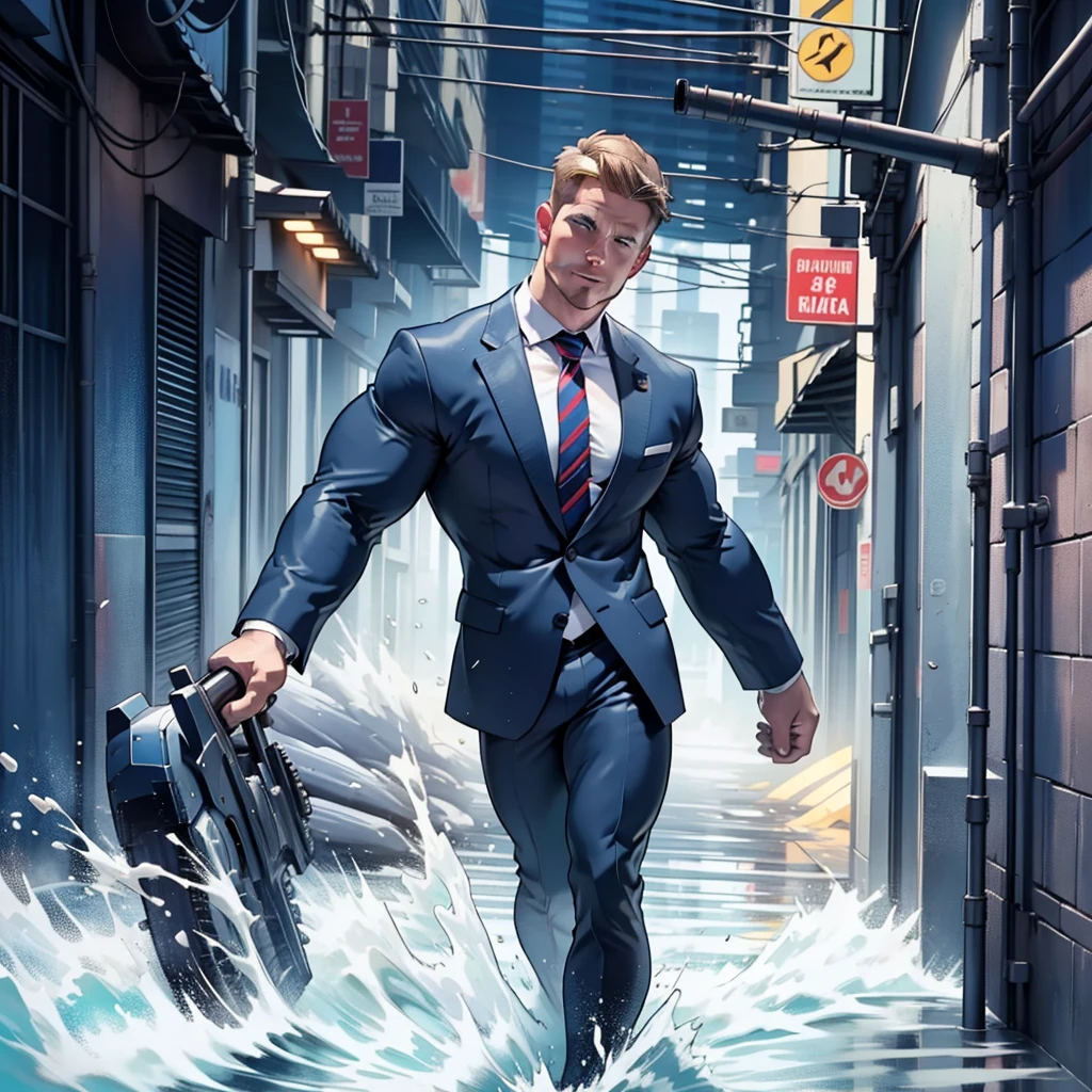 1 man, male focus solo, middle aged man,(((Stephen AMELL))) as private investigator,  lean muscle,very  light blue shirt, marine blue businessman suit ,( red tie) ,( big bulge), full body shot, dark blond short hair, well groomed facial hair, holding a gun with one hand, , ultra high quality, masterpiece, (clear intense splashed blue and white paint in the blackground