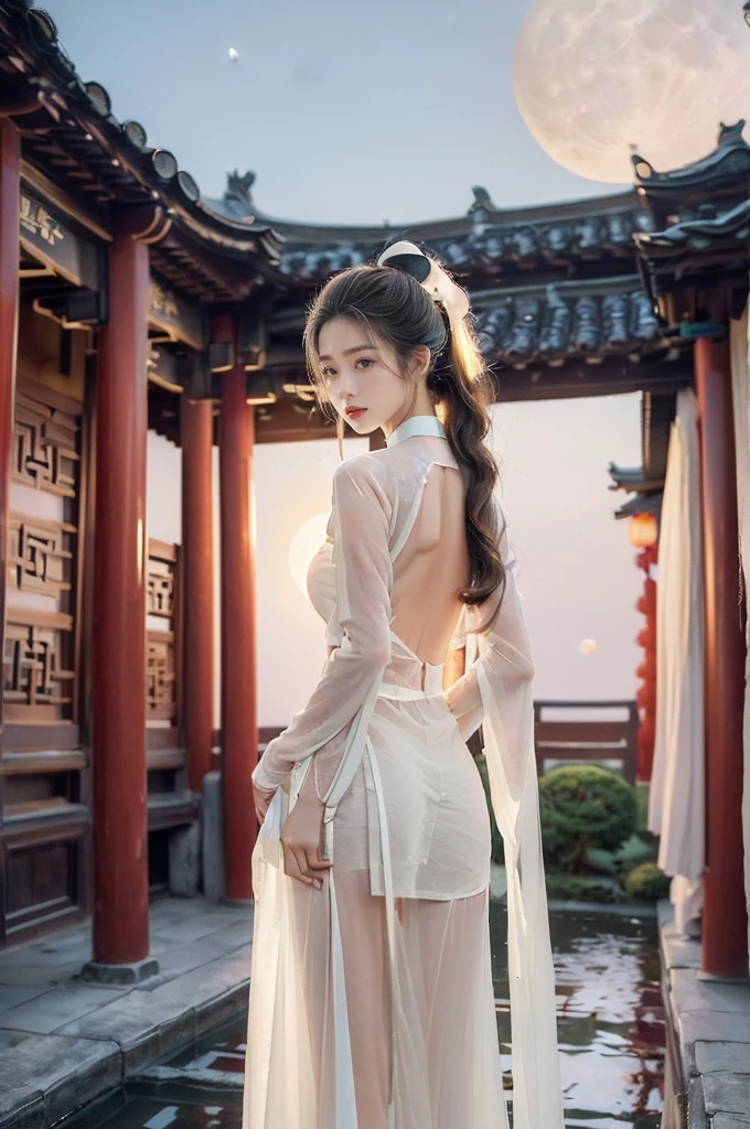 (((best quality))),(((ultra detailed))),(((masterpiece))),illustration,((1 beautiful girl,solo)),(short ponytail:1.2),((bright eyes,gentle smile)),((slim,thin)),((bare back,towering hips,butt crack)),(white see through sheer Hanfu:1.3),flowing fabric,serene demeanor,vibrant plants and trees,(Chinese-style architecture:1.3),tile roofs,intricate wooden carvings,rich and vivid colors,(serene glow of the moon:1.5),(((colorful clouds))),traditional Chinese garment,(((summer night,village courtyard))),((standing)),(from back:1.3),(upper body:1.3)
