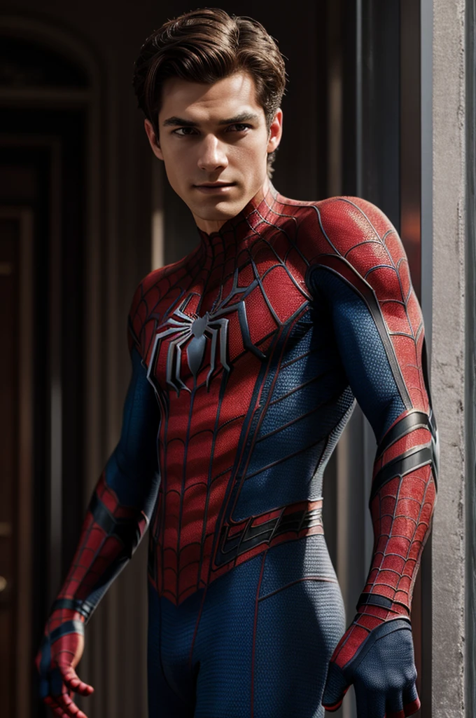 Photo of spider man, no mask, 20s, handsome, detailed face, looking at camera, Portrait, 8k uh, High quality
