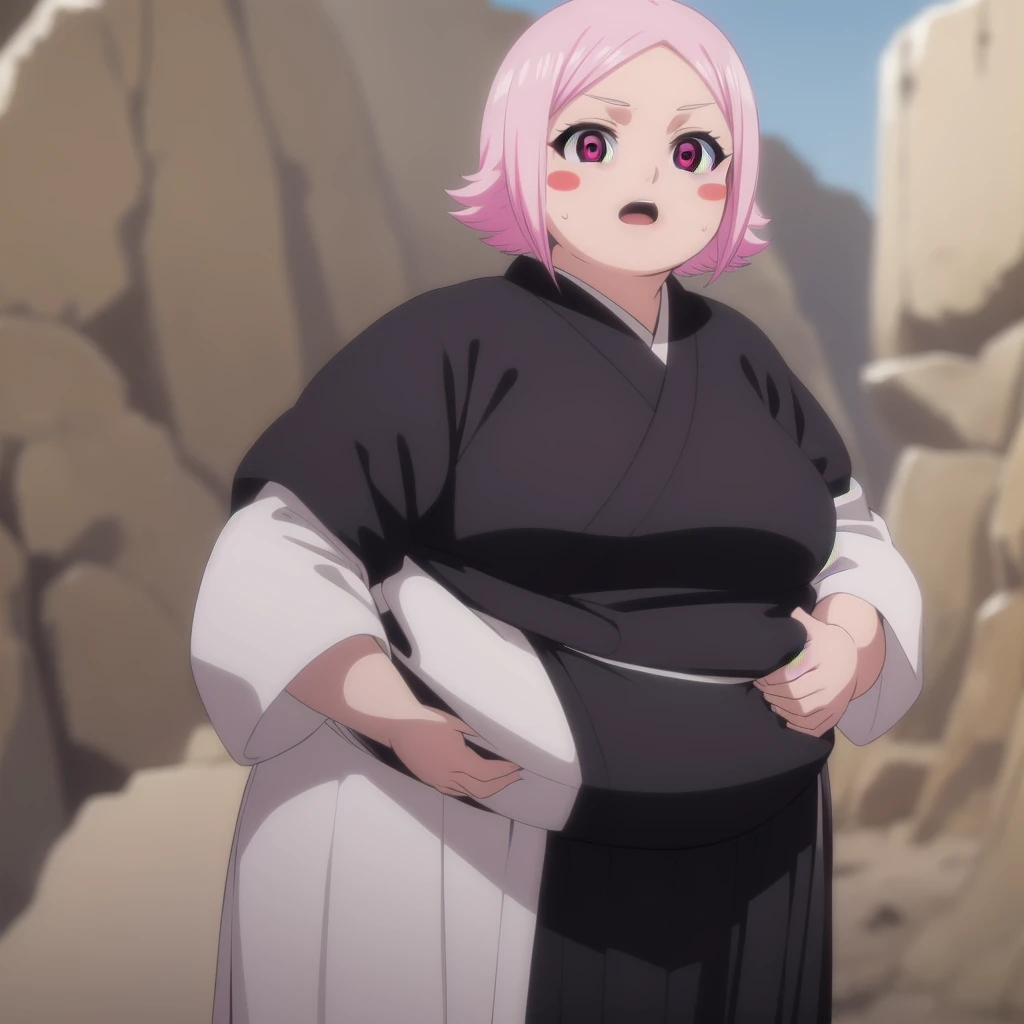 yachirukusajishi, yachiru kusajishi, short hair, pink hair, (pink eyes:1.5), blush stickers, open mouth, forehead,
BREAK long sleeves, japanese clothes, hakama, black hakama,
BREAK outdoors,
BREAK looking at viewer, (cowboy shot:1.5),
BREAK (masterpiece:1.2), best quality, high resolution, unity 8k wallpaper, (illustration:0.8), (beautiful detailed eyes:1.6), extremely detailed face, perfect lighting, extremely detailed CG, (perfect hands, perfect anatomy), a cartoon picture of a woman with pink hair and a big breast, bbwchan, nsfw, manhwa, oppai proportions, she has a jiggly fat round belly, body swelling about to explode, thicc, by Shingei, humanoid pink female squid girl, with a large breasts, doujin, nsfw