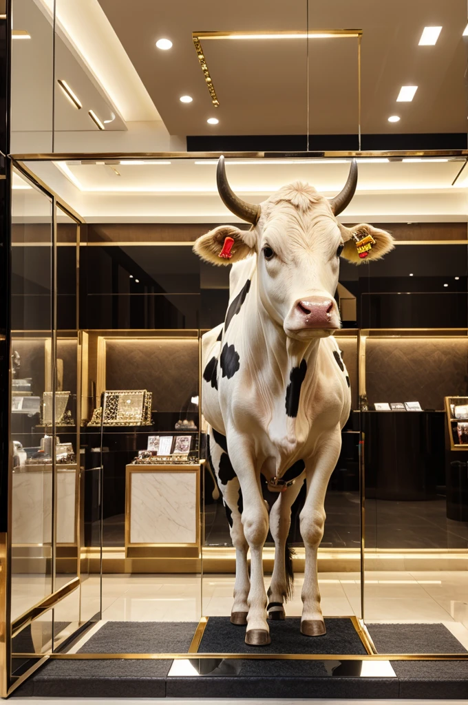 A cow standing in a big jewellery shop