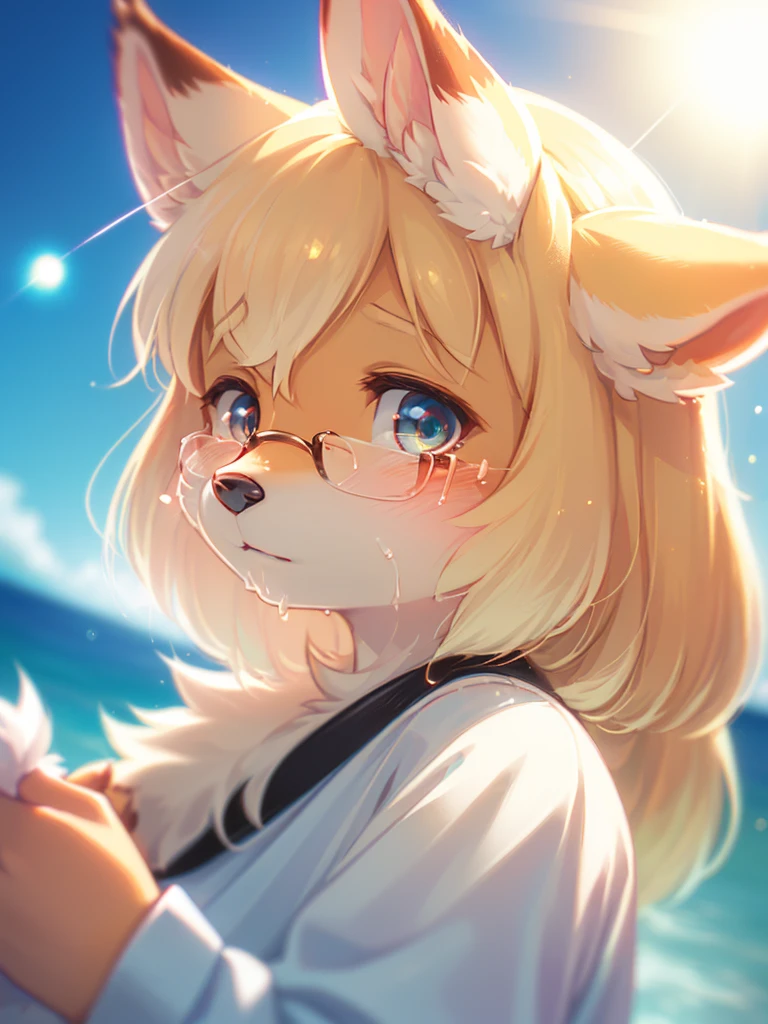 (Sumilux f1.4 75mm , low Latitude old color negative film , cross process , bokeh, flare, chromatic aberration , soft focus, (Shallow focus) , soft glow , Maximum aperture, High Key , Transparent depiction) , closeup face , dull geek female racoon dog , splashing cream on face