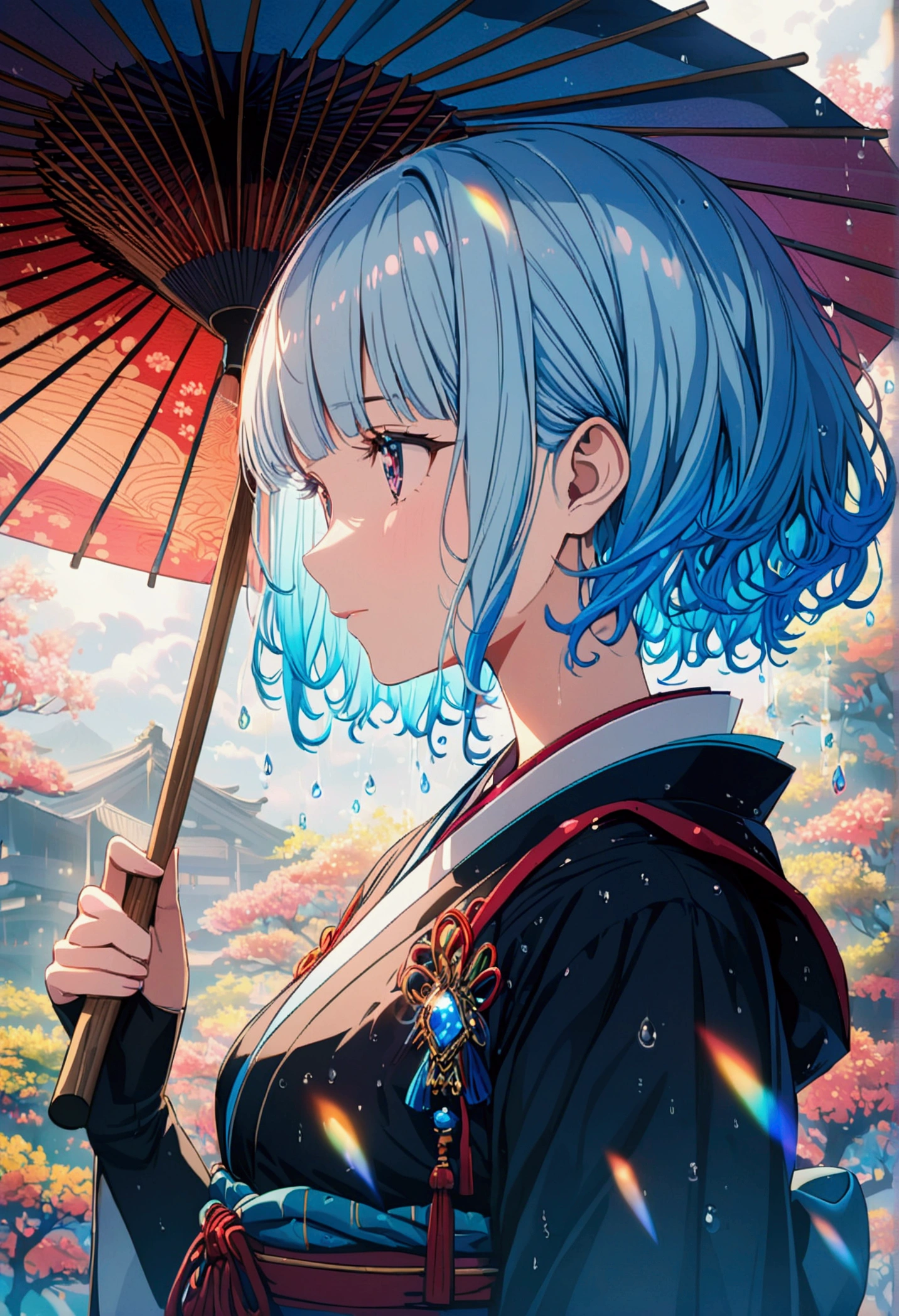 Anime style, ultra-detailed, 8K, blue-haired girl with a traditional Japanese umbrella, with rainbow-colored gem rain pouring down.