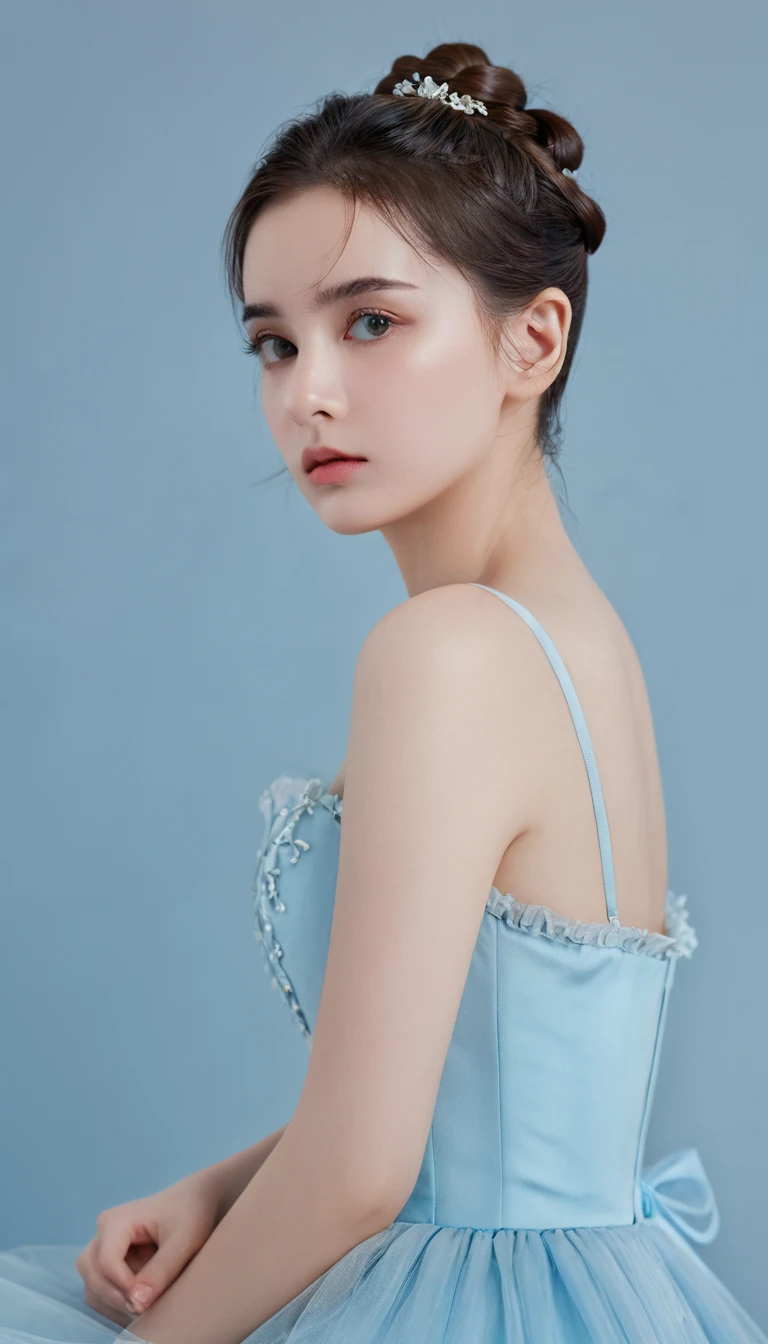 8K, Top quality, masterpiece:1.2), (Practical, photo-Practical:1.37), Top quality, masterpiece, Beautiful young woman, Thoughtful expression, Thoughtful eyes, Dress elegantly, Hair tied at the back, Mood disorder, background, tired, Light blue
