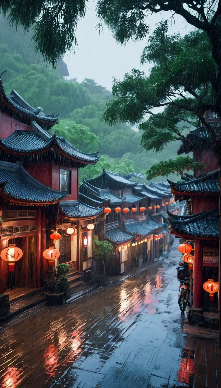 Araf landscape of the village,There are many lights on the building, Dreamy Chinatown, China Village, Amazing wallpapers, A Japanese town, Japanese Village, Surreal photos of towns, old asian village, Japanese cities, Written by Raymond Han, Rainy Night, Cyberpunk Chinese Ancient Castle, Brightly lit building, Rainy evening, beautiful and aesthetic, photography, Movie, 8K, High Detail ((Heavy rain)))