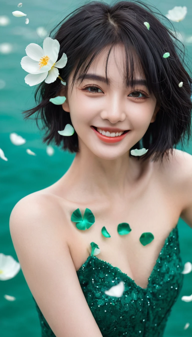 A beautiful and delicate portrait,A naughty and cute girl,Has short boyish hair, Black Hair, Emerald Green Ocean, Naughty smile, Dancing petals, (Top quality, masterpiece, Surreal) Flower petals floating in the background