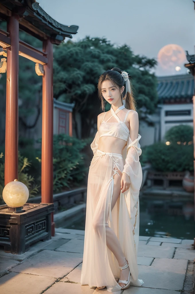 (((best quality))),(((ultra detailed))),(((masterpiece))),illustration,((1 beautiful girl,solo)),(short ponytail:1.2),((bright eyes,gentle smile)),((slim,thin)),((small breasts,flat chest)),(white see through sheer strap Hanfu:1.3),(slender legs:1.2),flowing fabric,serene demeanor,vibrant plants and trees,(Chinese-style architecture:1.3),tile roofs,intricate wooden carvings,rich and vivid colors,(serene glow of the moon:1.5),(((colorful clouds))),traditional Chinese garment,(((summer night,village courtyard))),(standing:1.3),(arms behind back:1.3),((from front,full body))