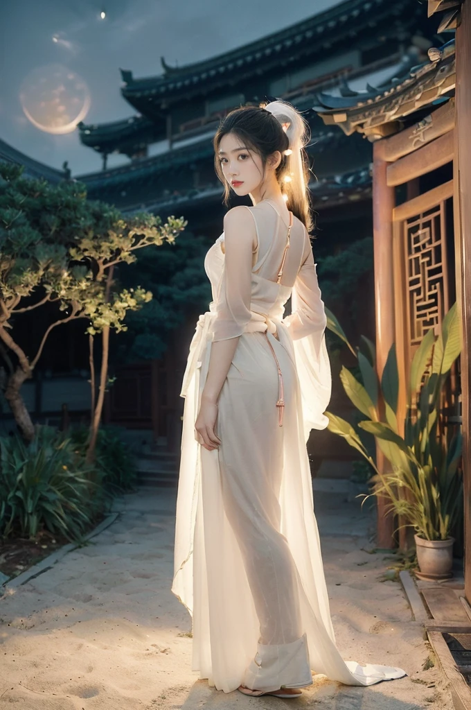 (((best quality))),(((ultra detailed))),(((masterpiece))),illustration,((1 beautiful girl,solo)),(short ponytail:1.2),((bright eyes,gentle smile)),((slim,thin)),((small breasts,flat chest)),(white see through sheer strap Hanfu:1.3),(slender legs:1.2),flowing fabric,serene demeanor,vibrant plants and trees,(Chinese-style architecture:1.3),tile roofs,intricate wooden carvings,rich and vivid colors,(serene glow of the moon:1.5),(((colorful clouds))),traditional Chinese garment,(((summer night,village courtyard))),(standing:1.3),(arms behind back:1.3),((from front,full body))
