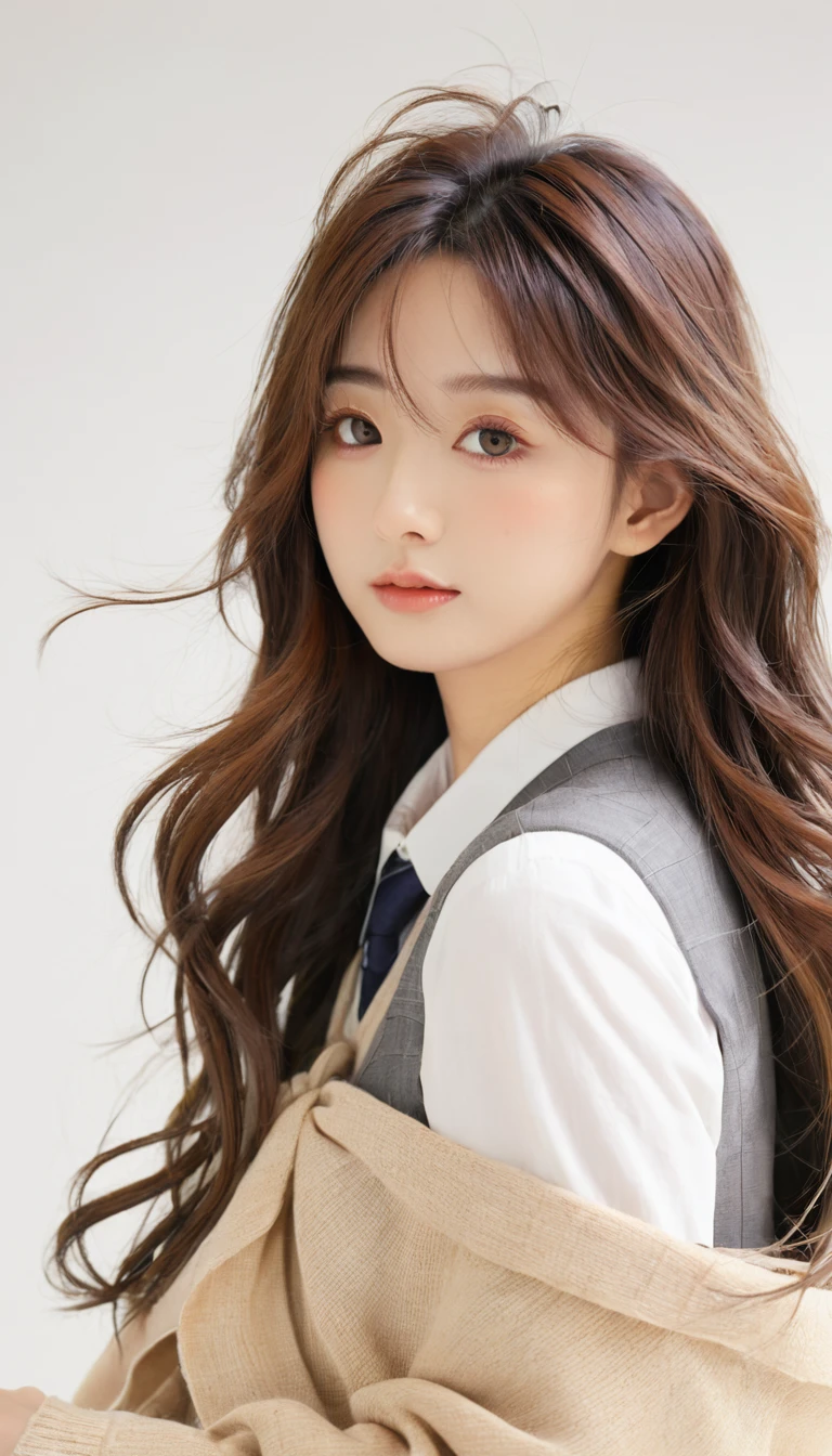 (Japanese cartoons),(Lovely)(masterpiece), (best quality),1 Girl,Upper Body,(Double contact:1.2),(Simple background:1), (angle),(动态angle),Messy long hair,(Low contrast),(Flat Color:0.7)