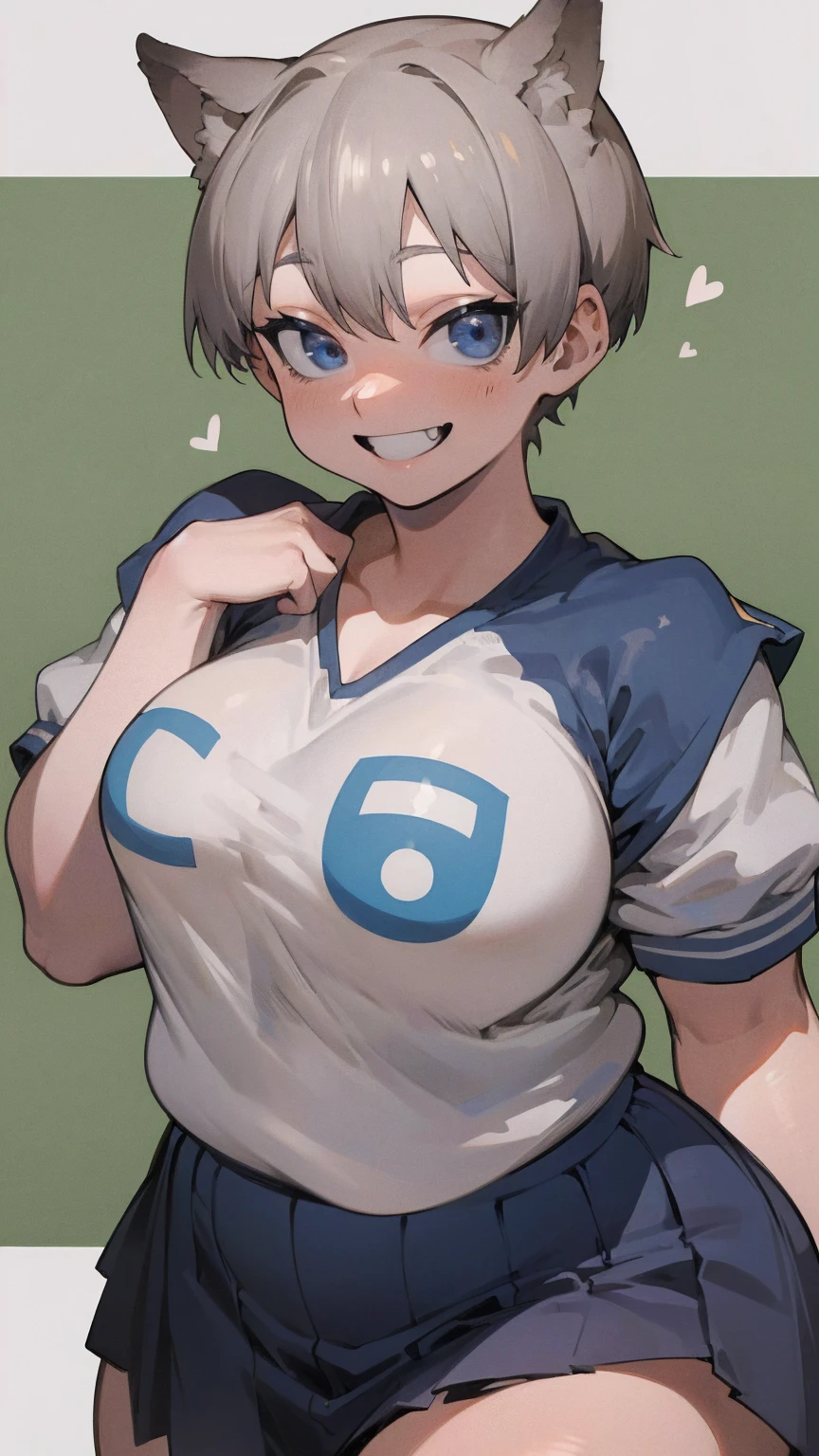 masterpiece, Highest quality, Super detailed, Beautiful portrait , (Chubby) (Muscular), (plump), (Sexy), (chest), (plump), ((Very short hair)), ((uzaki hana)), (Overweight), (Gray Hair), ((Saggy breasts)), (blue eyes), (short hair), (blue eyes), ((thick)), ((school uniform)), (Mischievous Smile), (Canine teeth visible), (whole body)