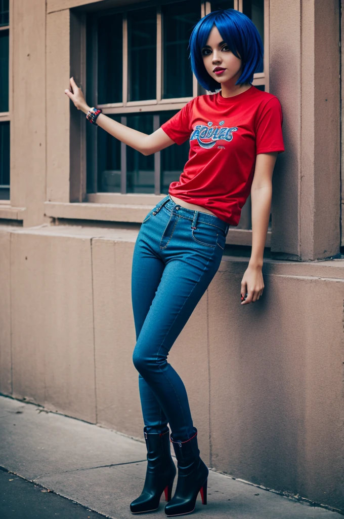 max goofy emo girl version with blue pants, red t-shirt and black heeled boots