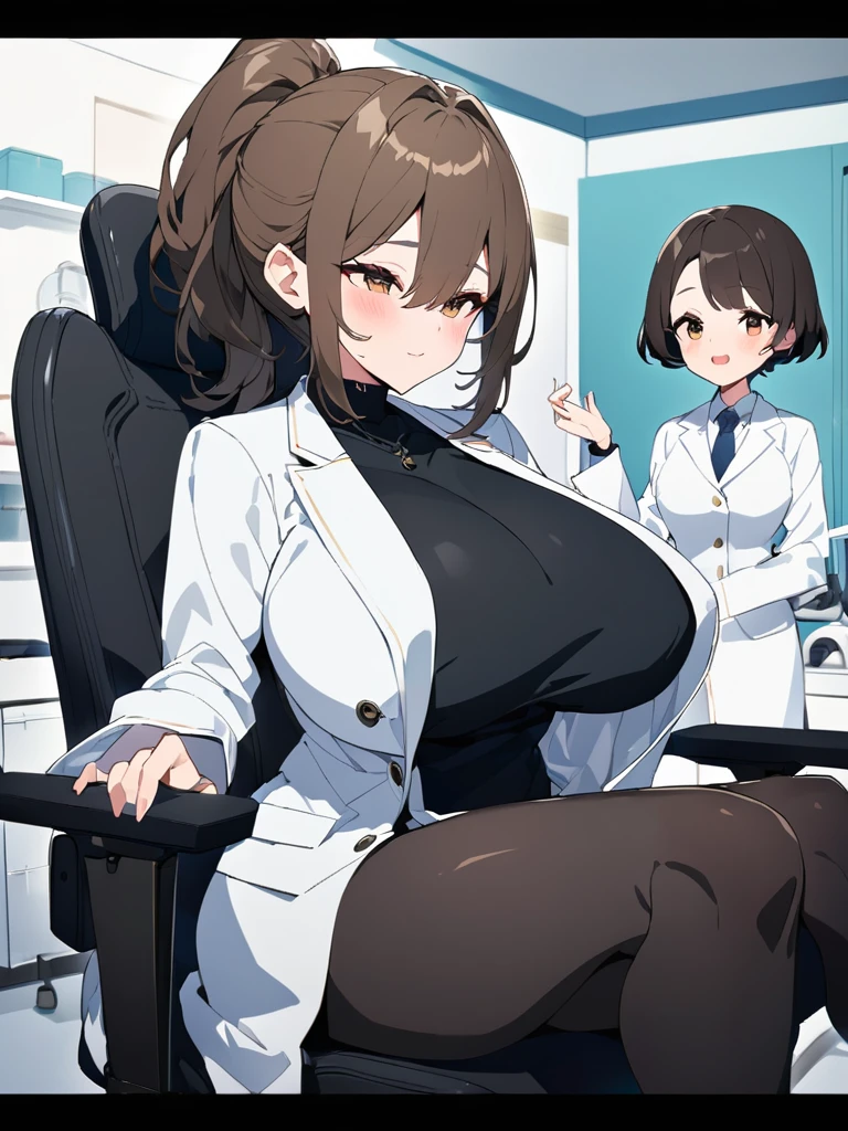 Highest quality、extremely detailed CG、One woman、27-year-old female、Huge breasts:1.3、sagging breast:1.3、White、white coat、white gown、Black inner shirt、Black inner shirtと白いコートを着てカメラに向かってポーズをとるアニメの女の子, breasts covered and SFW, chic,Whiteを着て, Cel-shaded adult animation、Brown Hair、ponytail、Health Room、学校のHealth Room、health room、sitting in a swivel chair
