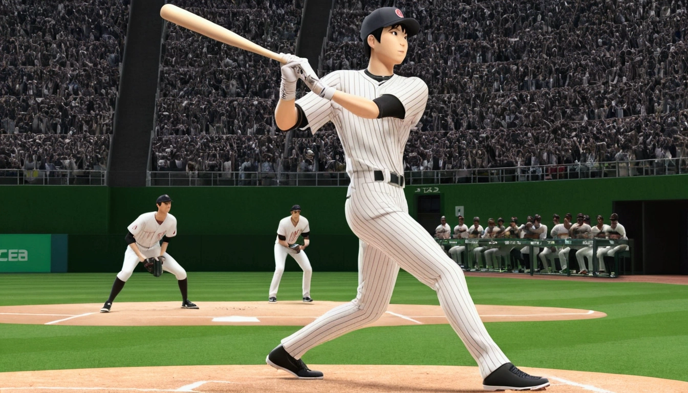 score 7 up, 2koma, 1boy, Shohei Otani is pitching, Shohei Ohtani is hitting home runs, batting stance, detailed, realistic, hyper realistic, photorealistic, best quality, 