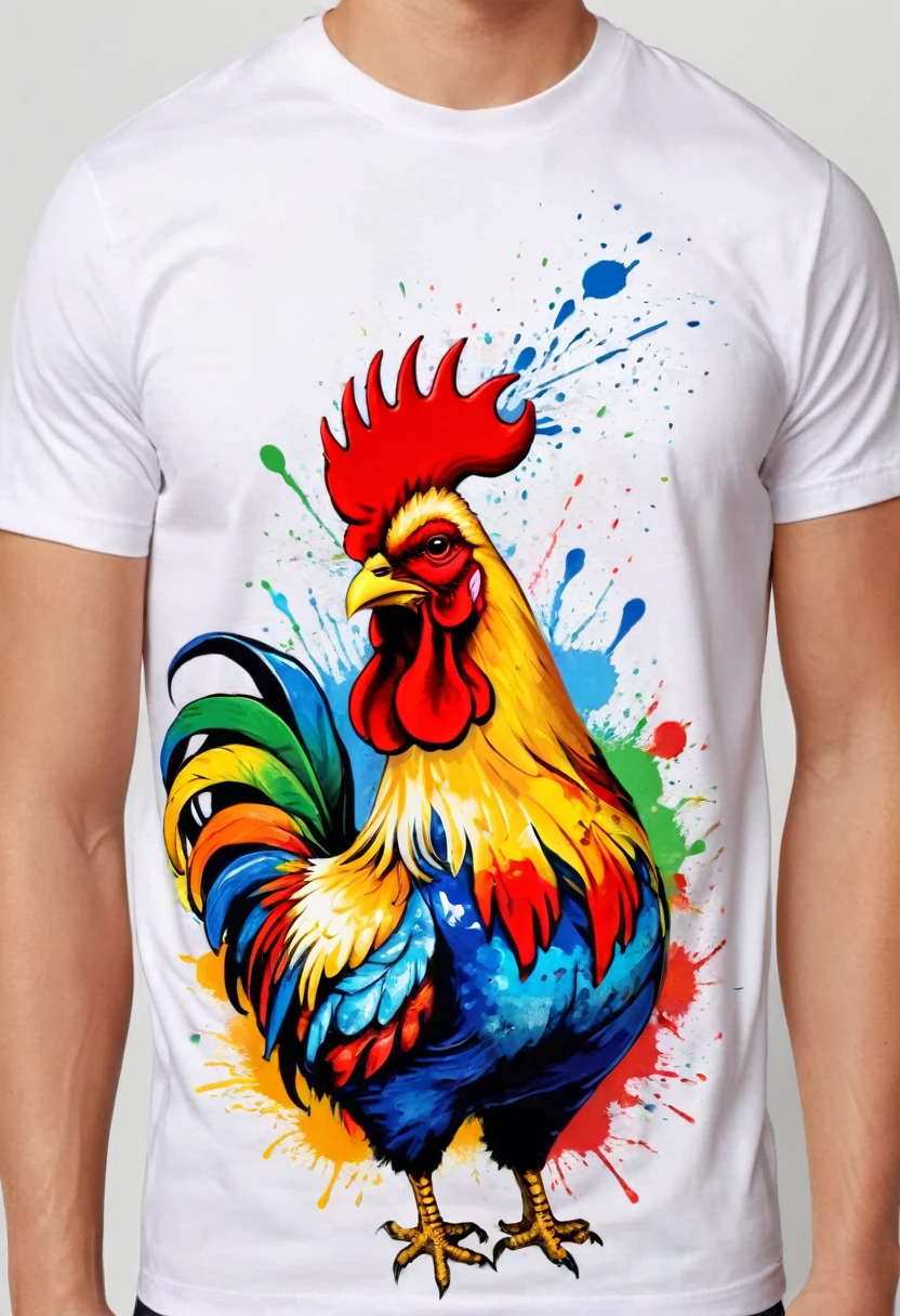 A t-shirt with circular vector art of paint stains and splatters with a colorful illustration of the rooster of Barcelos , At the center, swirly vibrant colors, paint splashes and smears, high détail, t-shirt designs
(artwork, best quality, proffesional, perfect composition, very aesthetic, absurdrez, super verbose, Intricate details:1.3)
