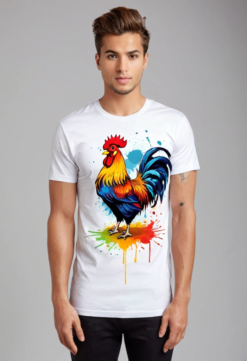 A t-shirt with circular vector art of paint stains and splatters with a colorful illustration of the rooster of Barcelos , At the center, swirly vibrant colors, paint splashes and smears, high détail, t-shirt designs
(artwork, best quality, proffesional, perfect composition, very aesthetic, absurdrez, super verbose, Intricate details:1.3)