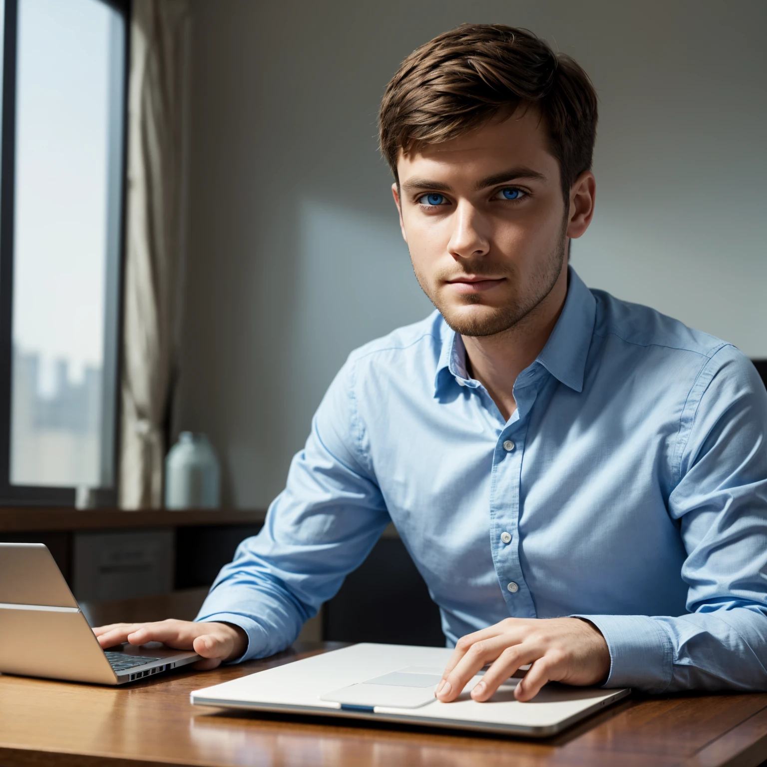 The programmer sits at the table, his face and look directed to the camera, short haircut, bright blue eyes, intelligent thoughtful face. on the table in front of the programmer is a laptop. The background is blurred. Highly detailed portrait