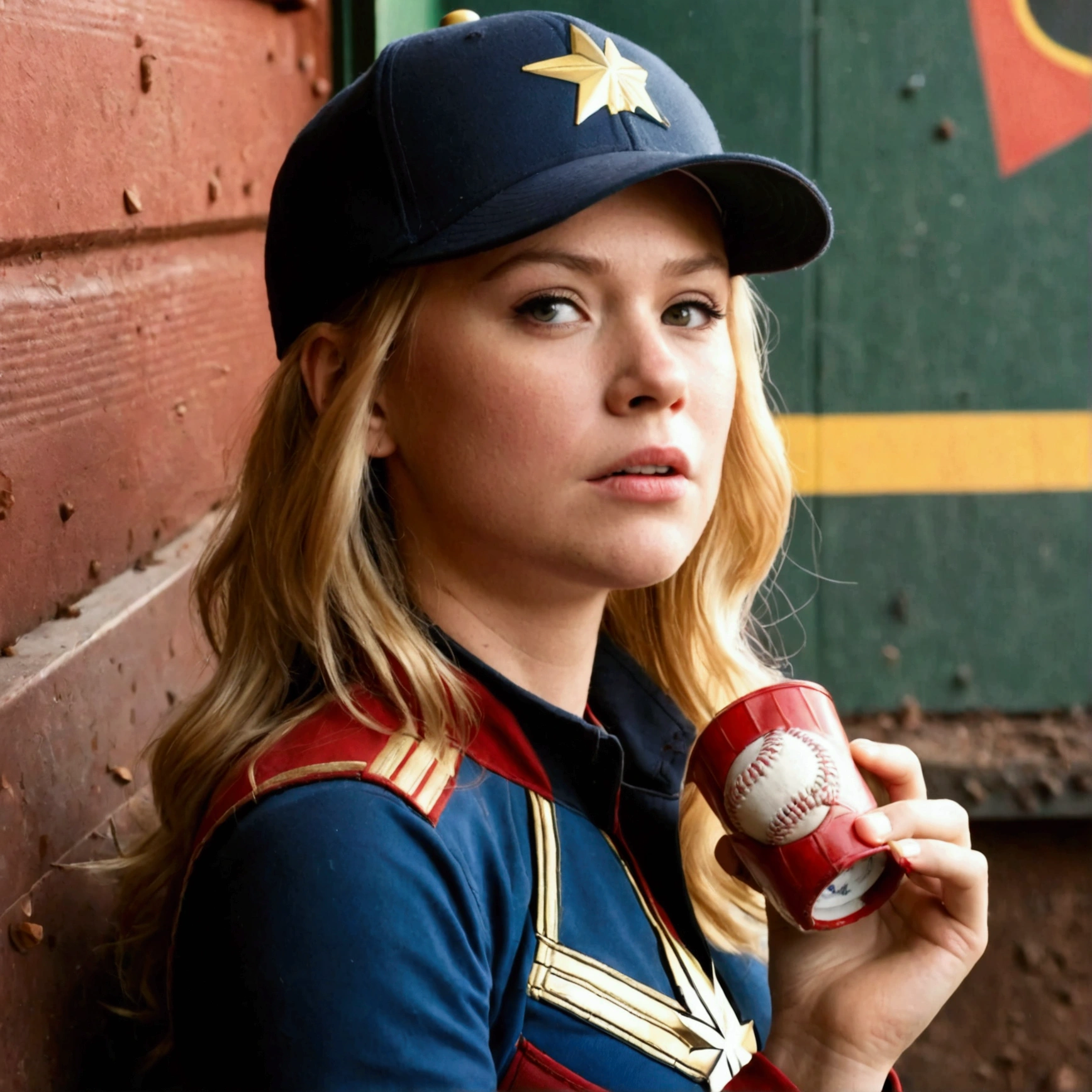 (Brea Larson, age 25, Captain Marvel, baseball cap, chewing tobacco) she is sitting in the baseball dug out spitting into a cup, crowded dugout, baseball game
