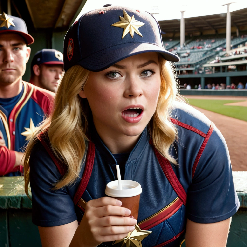 (Brea Larson, age 25, Captain Marvel, baseball cap, chewing tobacco) she is sitting in the baseball dug out spitting into a cup, crowded dugout, baseball game
