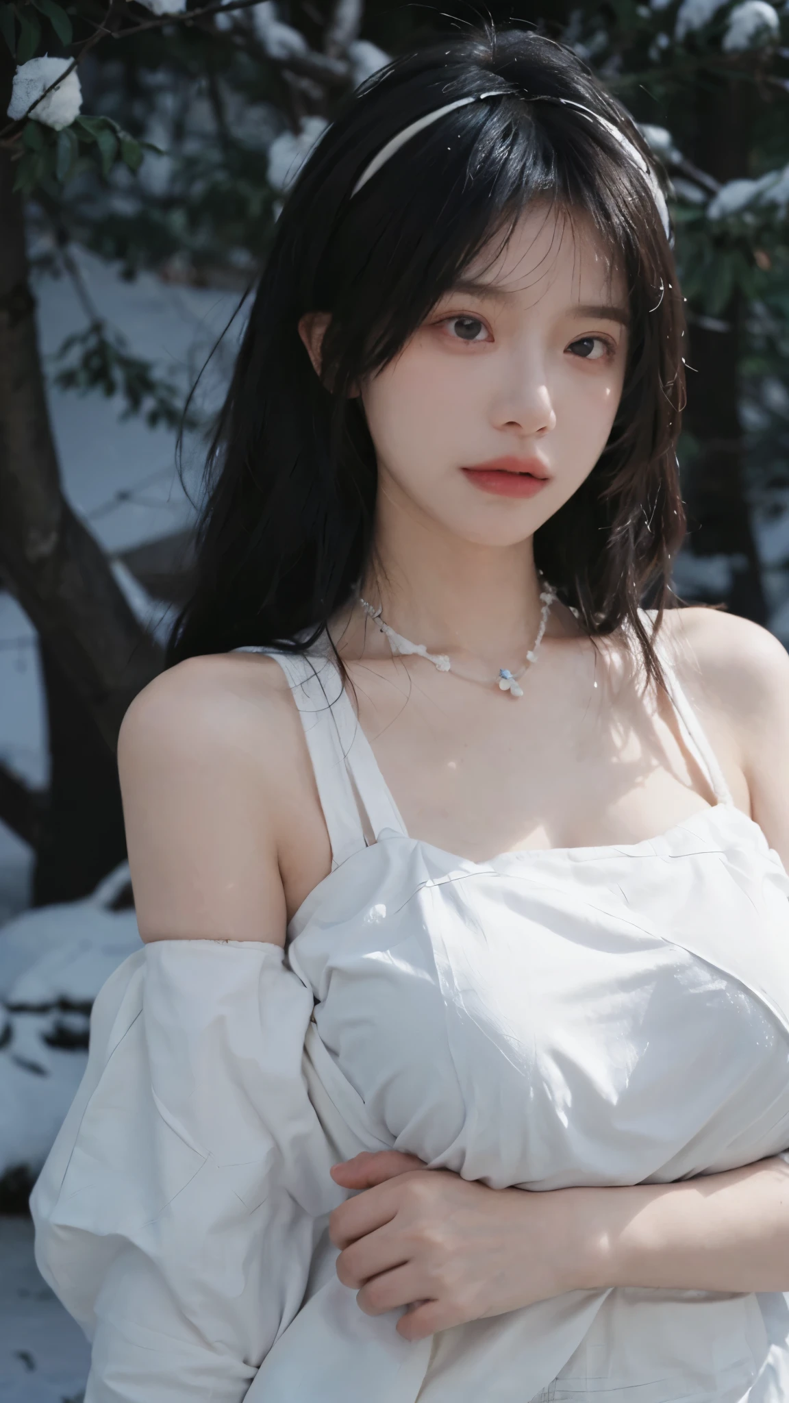 Portrait photography,1 girl,Snow Scene,Snowing background,Flowers,White JK,Bare shoulders,whole body:1.4,Lipstick,(Big Breasts:1.6),Shoulder-Length Wavy Hair,Wear a necklace,Headband,serene,calm,(Realistic and detailed eyes,Natural skin texture,Realistic facial details),