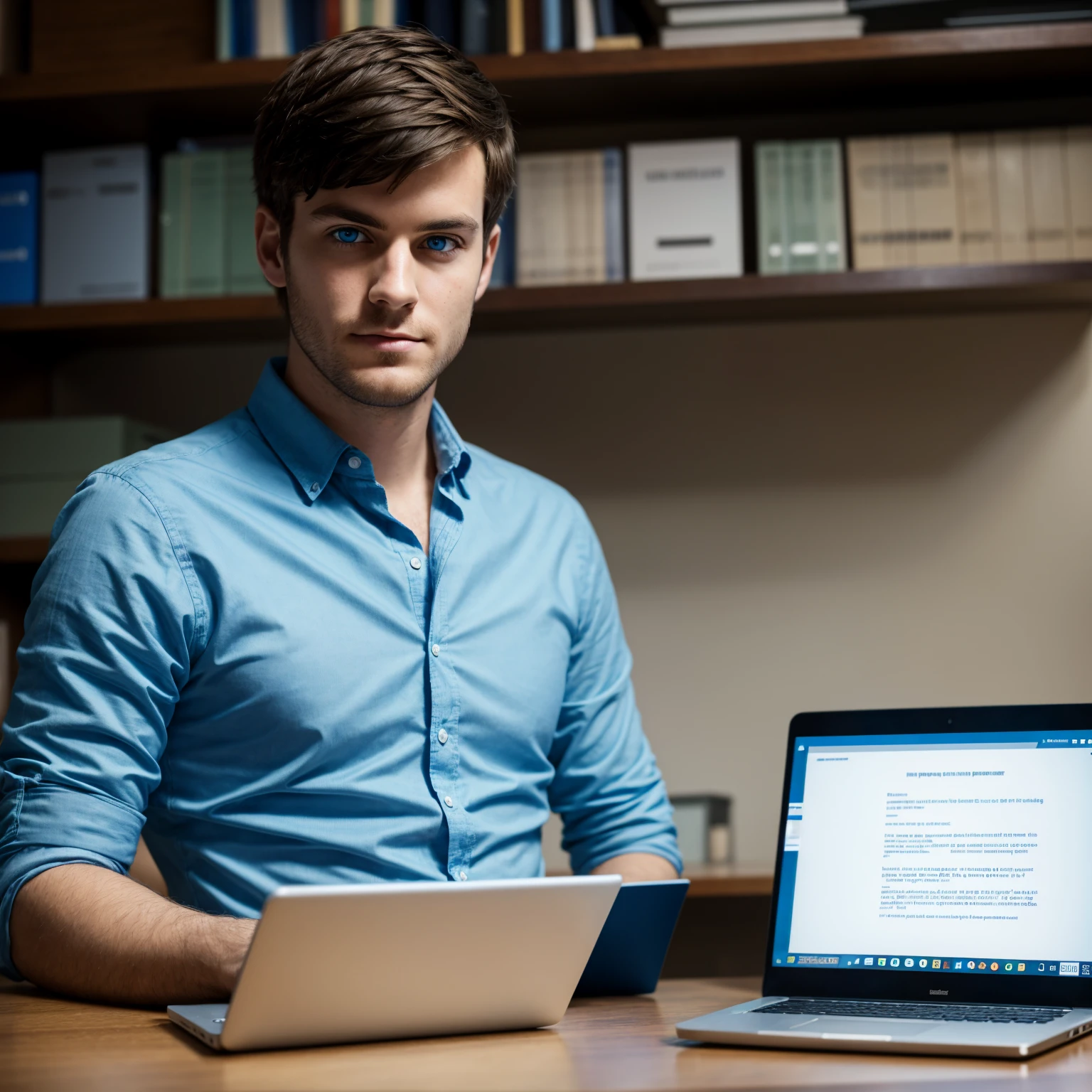 The programmer sits at the table, his face and look directed to the camera, short haircut, bright blue eyes, intelligent thoughtful face. on the table in front of the programmer is a laptop. The background is blurred. Highly detailed portrait