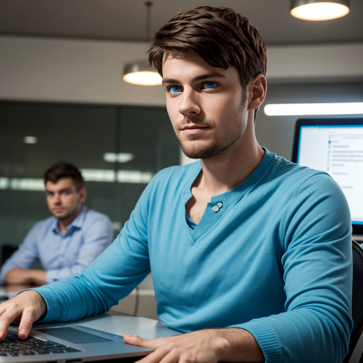 The programmer sits at the table, his face and look directed to the camera, short haircut, bright blue eyes, intelligent thoughtful face. on the table in front of the programmer is a laptop. The background is blurred. Highly detailed portrait