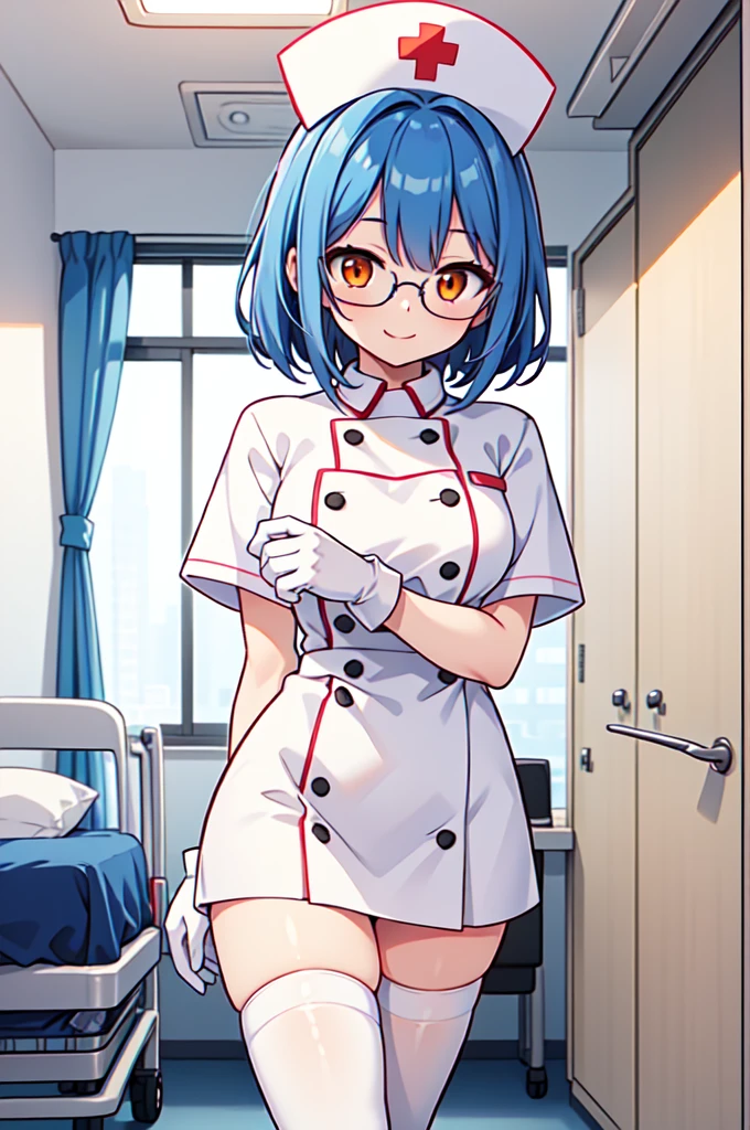 1girl, solo, nurse, nurse cap, white nurse uniform, ((white legwear, zettai ryouiki)), white gloves, glasses, blue hair, orange eyes, smile, standing, ((hospital room)), sharp outline, short sleeves, best quality, masterpiece