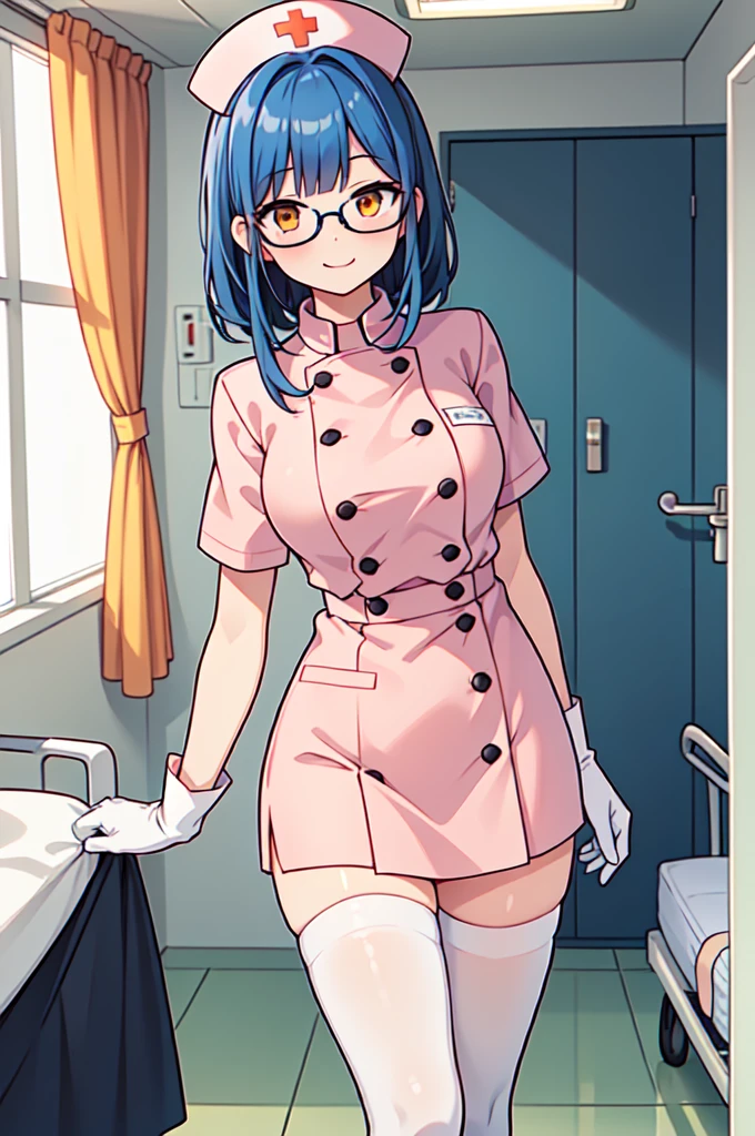 1girl, solo, nurse, nurse cap, white nurse uniform, ((white legwear, zettai ryouiki)), white gloves, glasses, blue hair, orange eyes, smile, standing, ((hospital room)), sharp outline, short sleeves, best quality, masterpiece