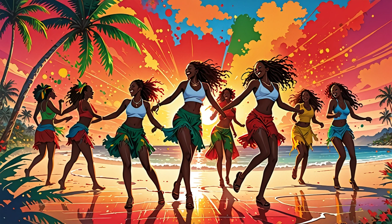 Vector art, Lots of Jamaican Reggae, Authentic Jamaican reggae music atmosphere,Color illustrations, in the center, Vibrant colors, Paint splatters and stains, High detail,
Palm tree、Bright Red Sunset,beach,Many women dancing
