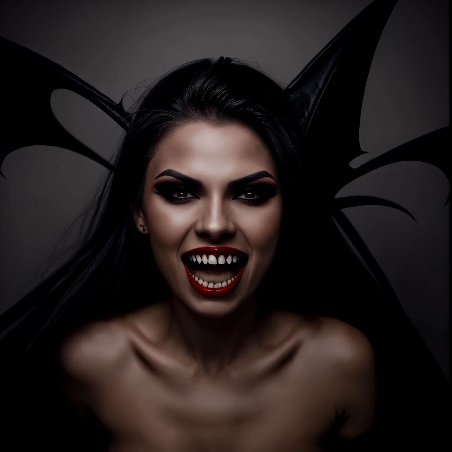 Mujer arafed con maquillaje negro y rojo y Vampire teeth., with fangs, Vampire teeth, vampire girl, sharp Vampire teeth, vampire portrait, fangs, female vampire, androgynous vampire, vampire fangs, scary vampire, sharp and pointy Vampire teeth, vampire woman, fangs extended, fangs and drool
