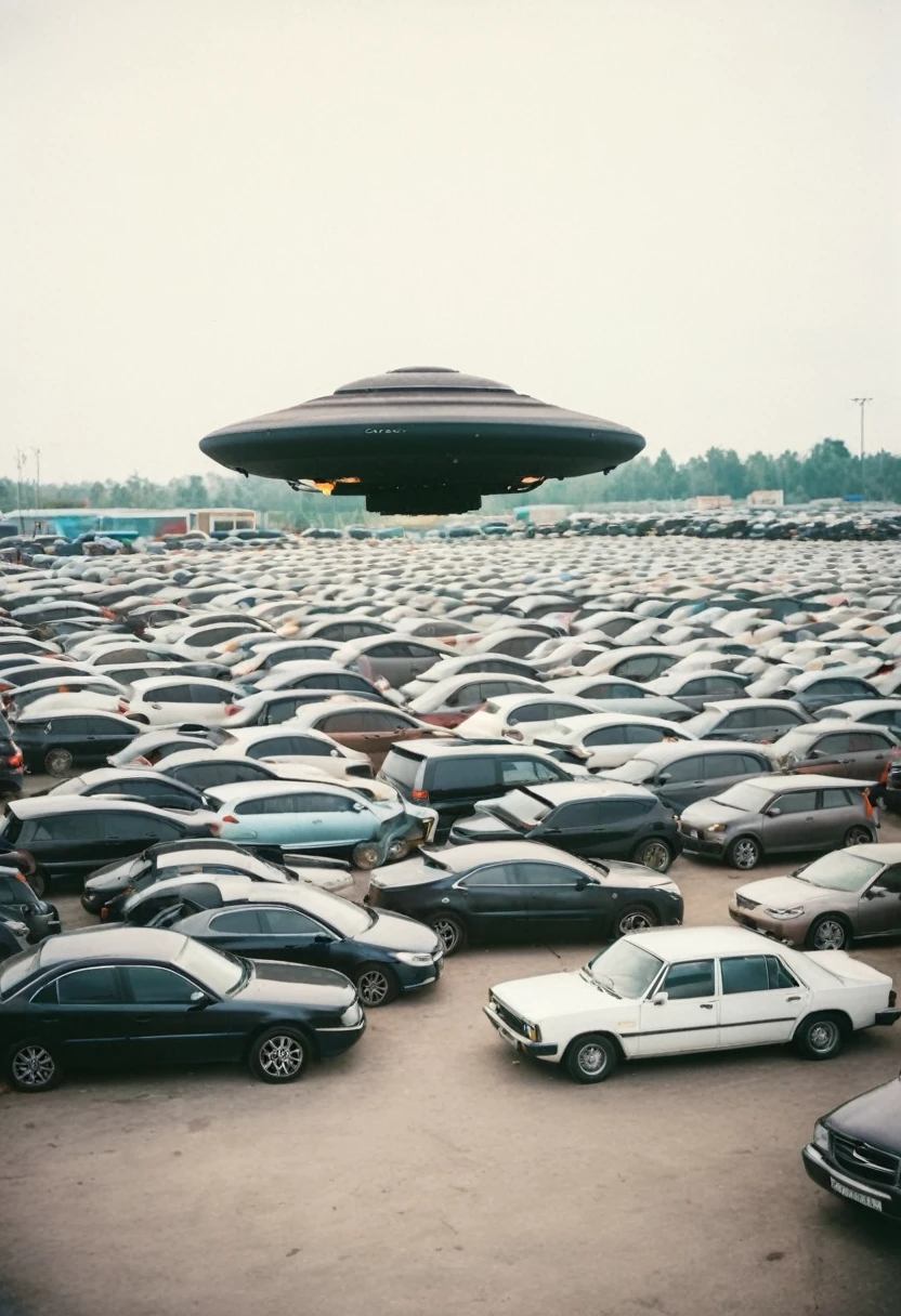 Black UFO parked on the ground in the parking lot，Neatly arranged with many cars，Blurry Polaroid photo