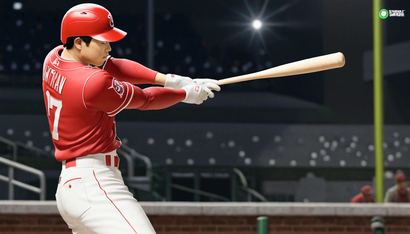 score 7 up, 1boy, Shohei Ohtani is hitting home runs, batting stance, detailed, realistic, hyper realistic, photorealistic, best quality,