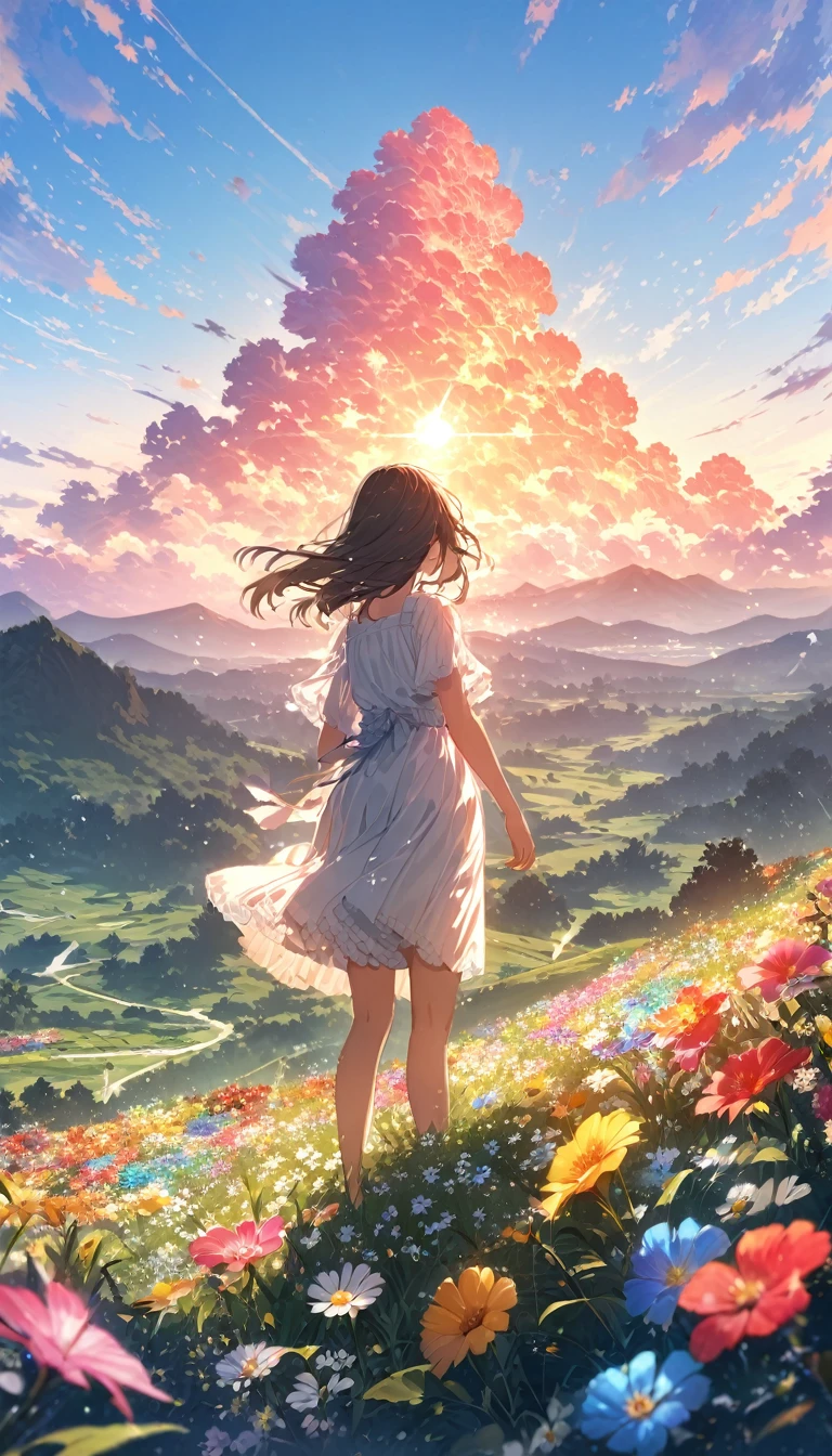 "Illustrate a serene, peaceful nature scene in summer with vivid, beautiful colors in photorealistic 8K quality. Show an 18-year-old anime girl standing on a lush mountain, reaching towards the endless blue sky, facing away from the screen. Below her, green meadows bloom with colorful flowers, while distant peaks bask in the summer sun, inspiring peace, awe, and tranquility. Ensure the image is a masterpiece with intricate details and stunning visual quality."