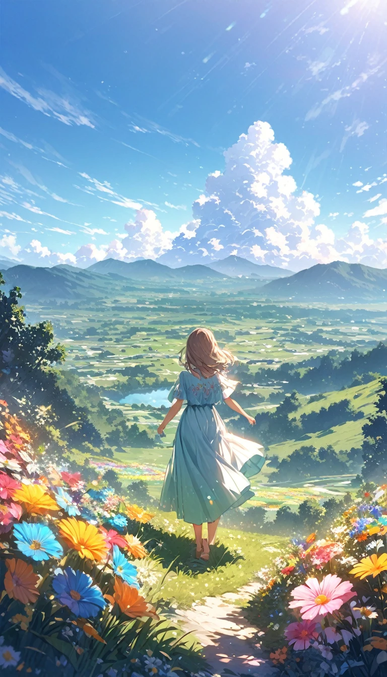 "Illustrate a serene, peaceful nature scene in summer with vivid, beautiful colors in photorealistic 8K quality. Show an 18-year-old anime girl standing on a lush mountain, reaching towards the endless blue sky, facing away from the screen. Below her, green meadows bloom with colorful flowers, while distant peaks bask in the summer sun, inspiring peace, awe, and tranquility. Ensure the image is a masterpiece with intricate details and stunning visual quality."