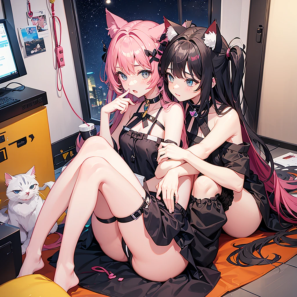 One Cat Ear Girl,Little age girl,Cat's Tail,Beautiful design,Delicate character design,Red Dress,Long skirt,Red elbow-length gloves,White brick castle,Starry castle balcony,Illuminated by the moonlight,Shy smile,Skyscraper,