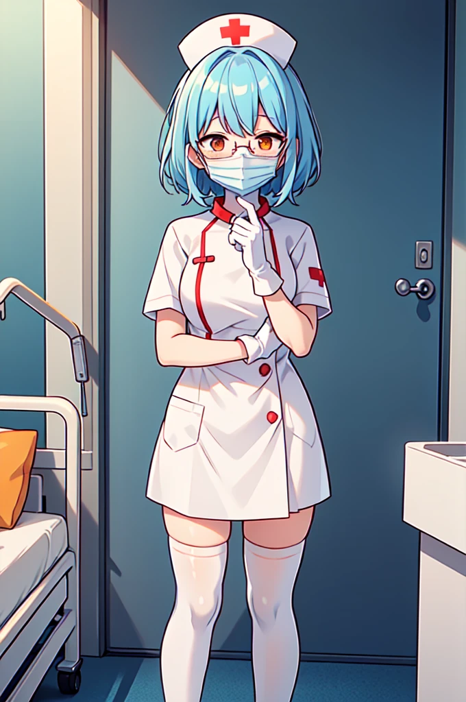 1girl, solo, nurse, nurse cap, white nurse uniform, ((white legwear, zettai ryouiki)), white gloves, glasses, blue hair, orange eyes, ((white surgical mask, covered nose)), standing, ((hospital room)), sharp outline, short sleeves, best quality, masterpiece